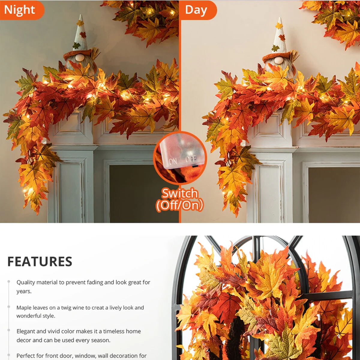 Thanksgiving LED Lighted Fall Maple Leaf Wreath and Garland - Autumn Home Decor - Image 26