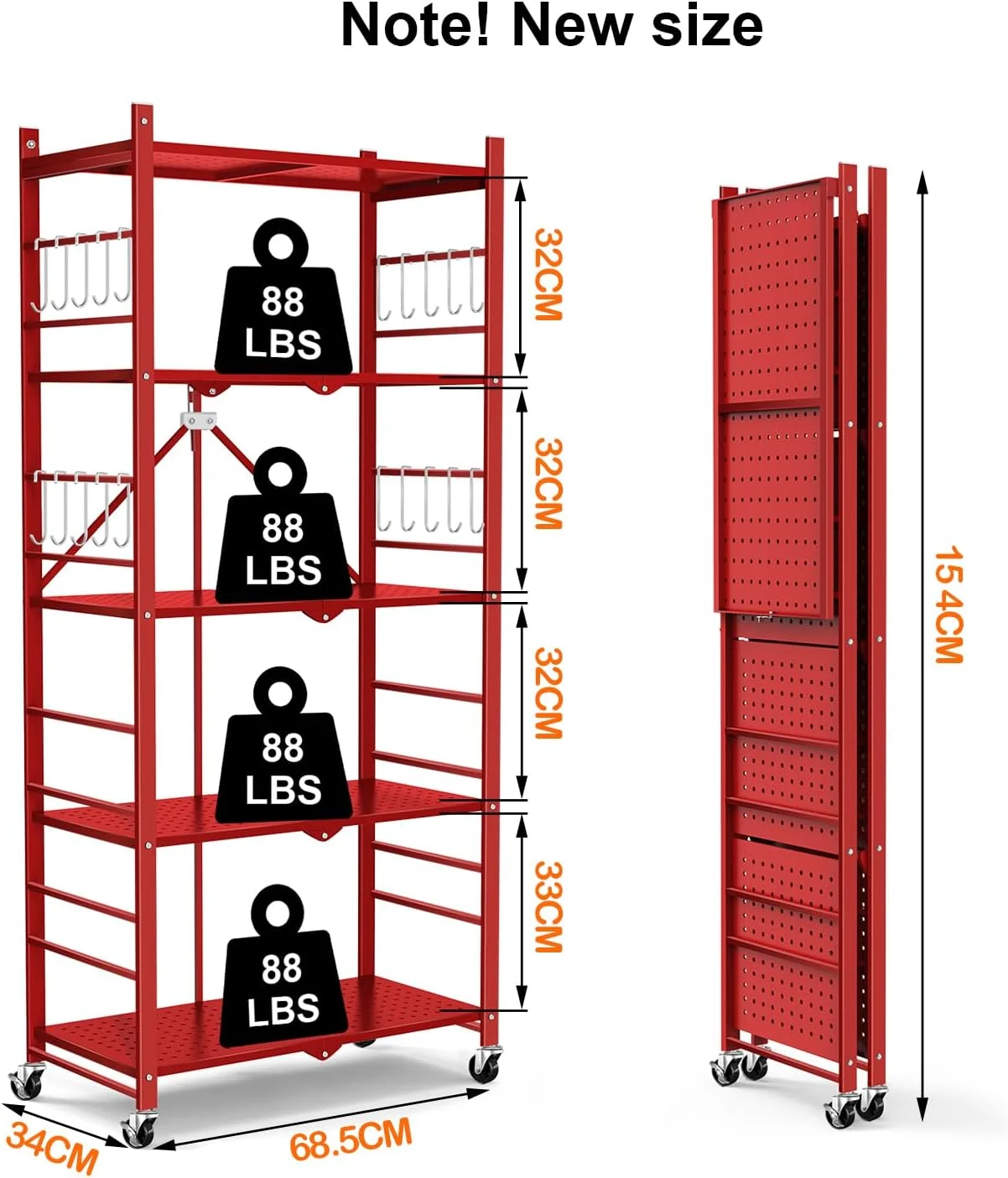 Storage Shelves with 20 Hooks, 4-Tier Foldable Shelves for Storage, Folding Shelf Unit Pantry Shelves with Wheels, Metal Shelving Storage Rack Shelf for Kitchen Garage Home, Black - No Assembly - Image 41