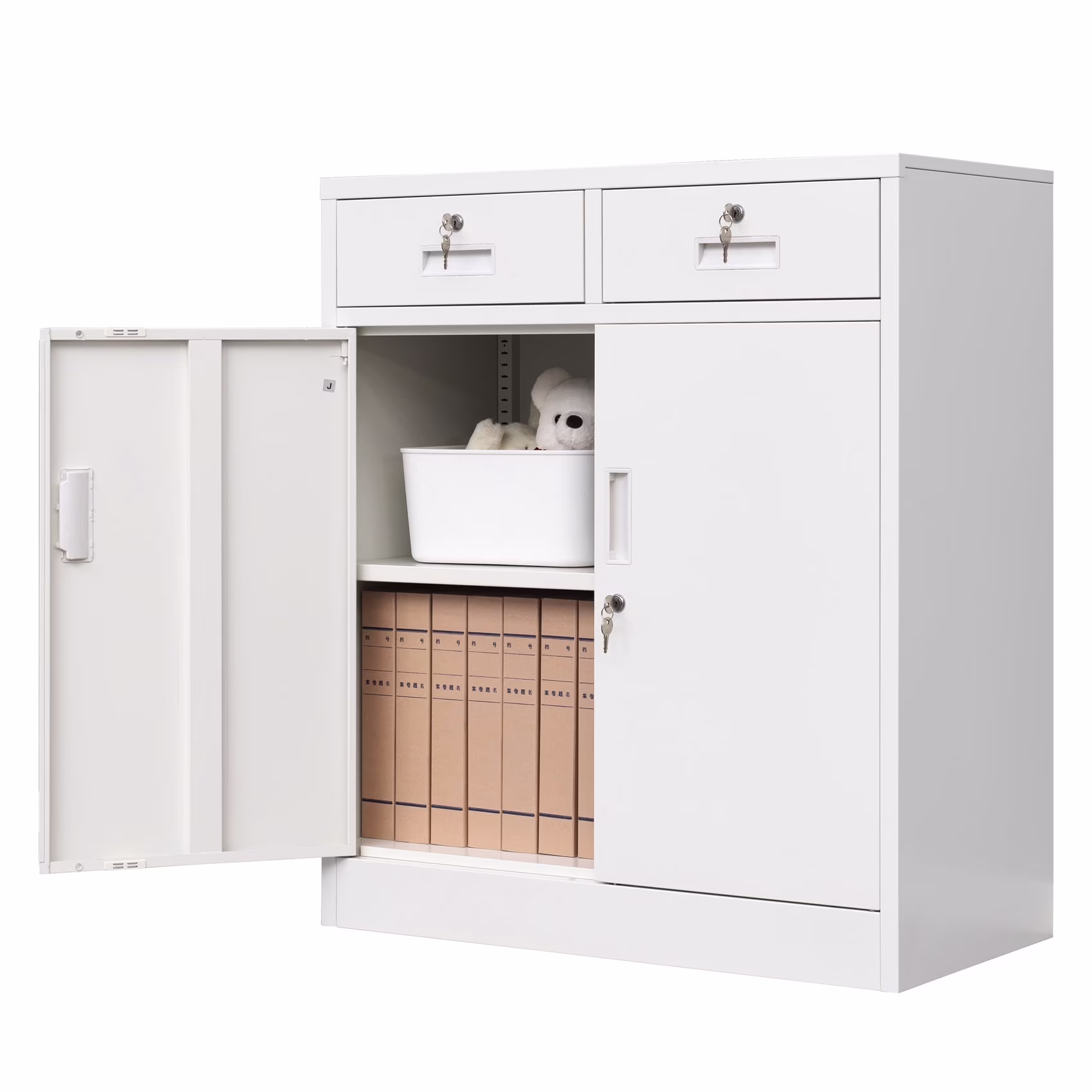 BESFUR Metal Garage Storage Cabinet with 2 Doors and 2 Drawers, Locking Stoage Cabinet for Garage, Classroom and Office - White