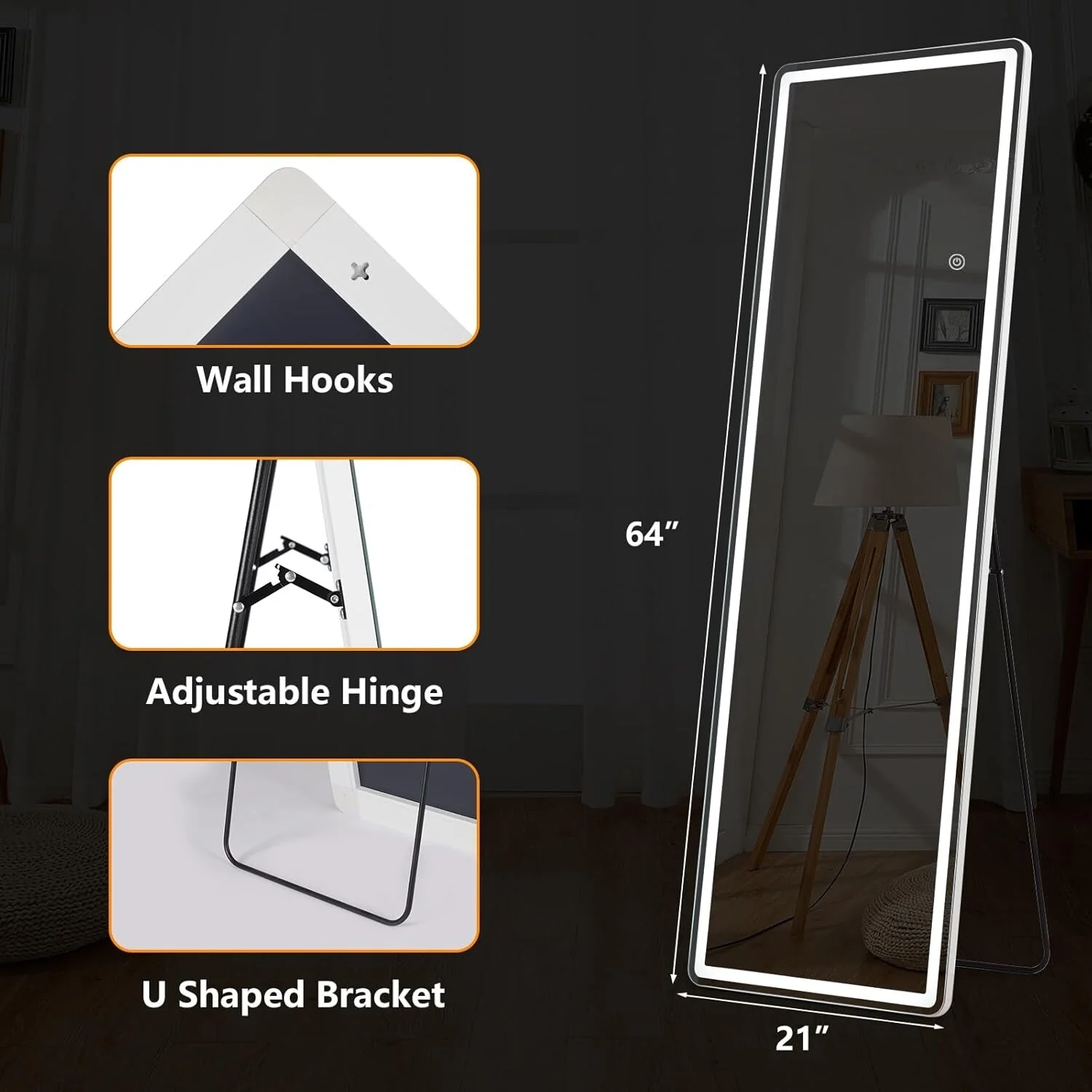 64 x 21 Inch Full Length LED Floor Mirror with Stand, Wall Mounted Full Body Mirror - Image 10