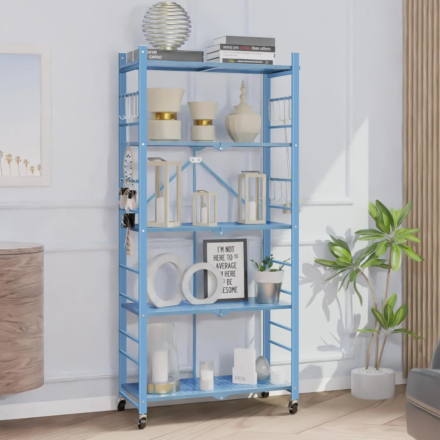Storage Shelves with 20 Hooks, 4-Tier Foldable Shelves for Storage, Folding Shelf Unit Pantry Shelves with Wheels, Metal Shelving Storage Rack Shelf for Kitchen Garage Home, Black - No Assembly - Image 15