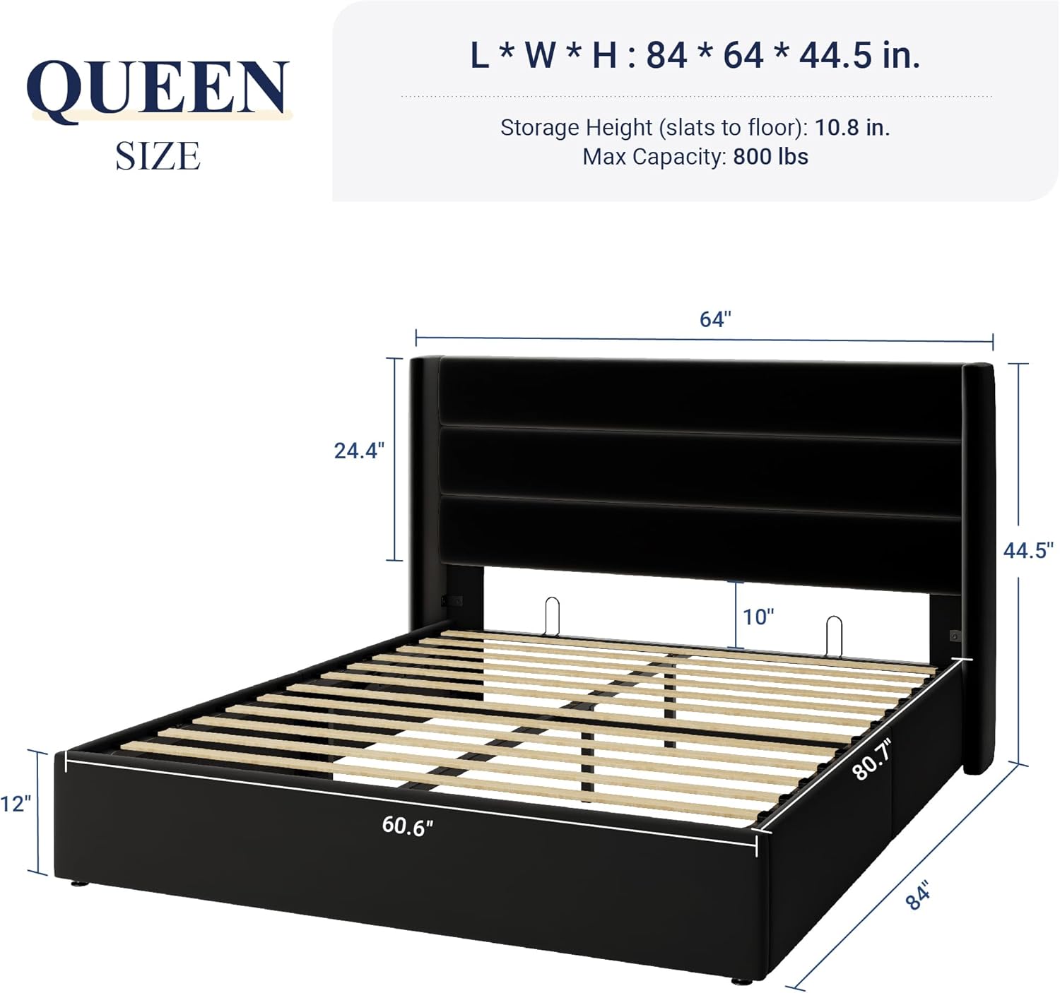 Queen Size Lift Up Storage Bed with Wingback Headboard, Upholstered Platform Bed Frame with Hidden Storage - Image 178