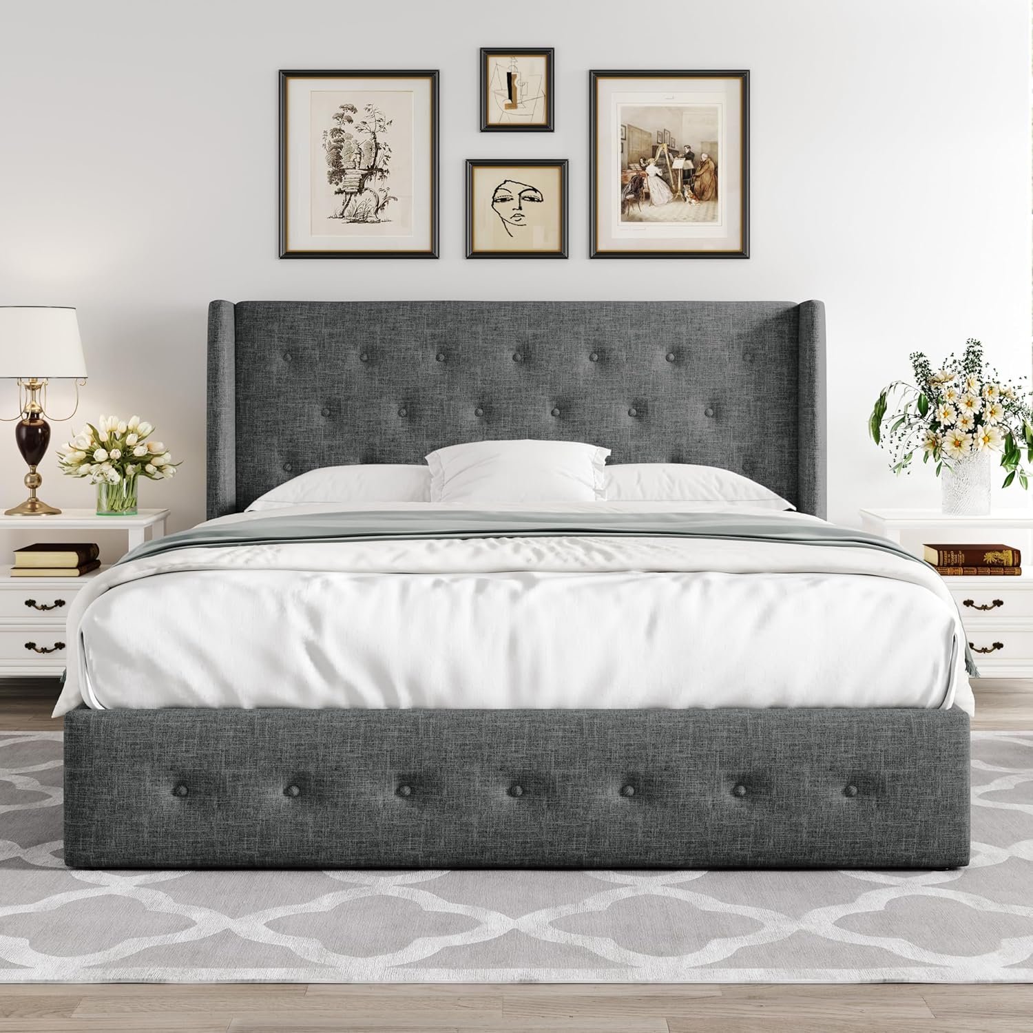 Queen Size Lift Up Storage Bed with Wingback Headboard, Upholstered Platform Bed Frame with Hidden Storage - Image 151