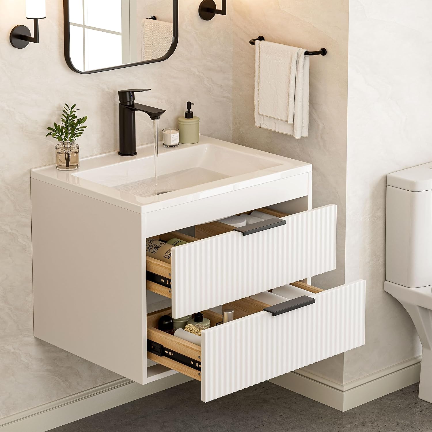 24 Inches Modern MDF Bathroom Vanity with Sink, Wall Mounted Floating Cabinets w/Double Drawers, Black Handles, White Resin Sink Combo Set (White, 24") - Image 5