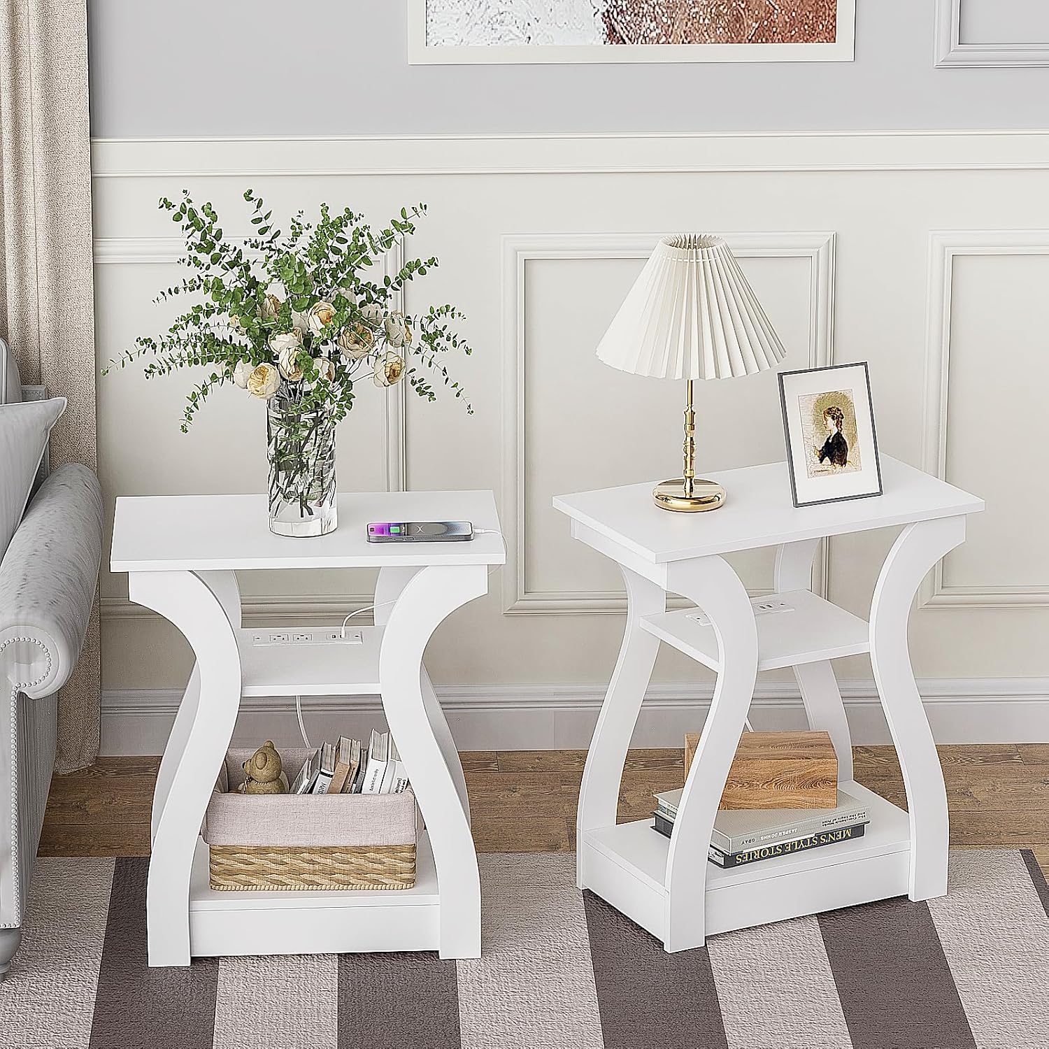 End Tables Living Room Set of 2 with Charging Station, Grey - Image 10