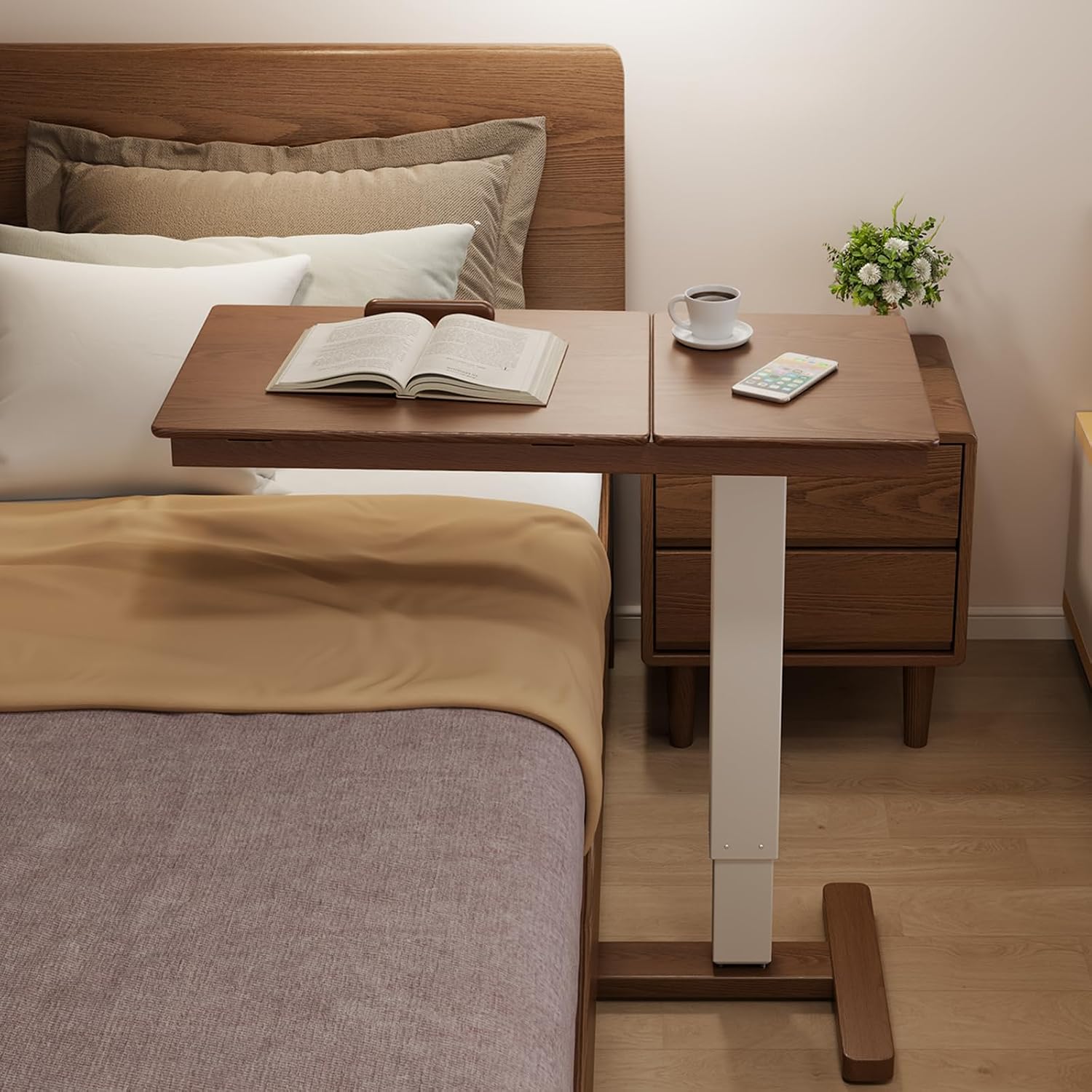 Solid Wood Overbed Bedside Table with Wheels,Tilt Top Hospital Bed Table Adjustable Over the Bed,Rolling Bed Desk for Hospital and Home Use (Black) - Image 3