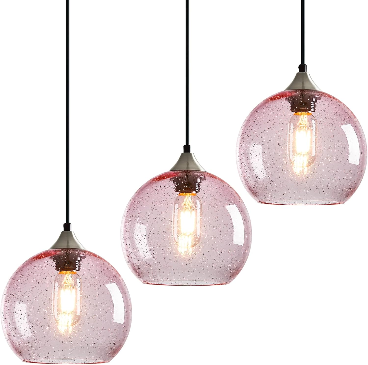 Amber Pendant Lights Kitchen Island 3 Pack, 5.9 in Seeded Glass Globe - Image 3