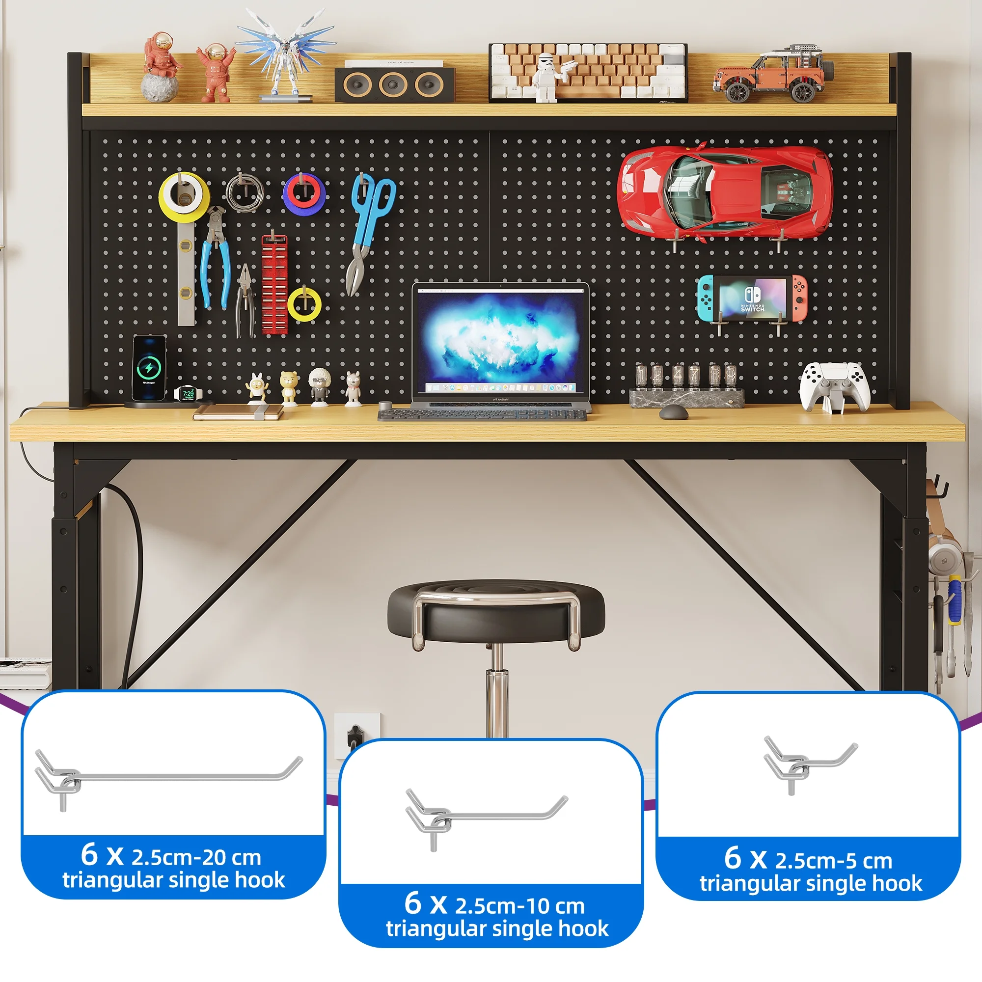 DEXTRUS Multifunctional Workbench with Wheels, 59.1" x 23.6" with Pegboard Worktable w/ Power Outlets, A3 Steel Work Bench For Garage max. Heavy Duty Workbench 2000lbs Weight Capacity - Image 7