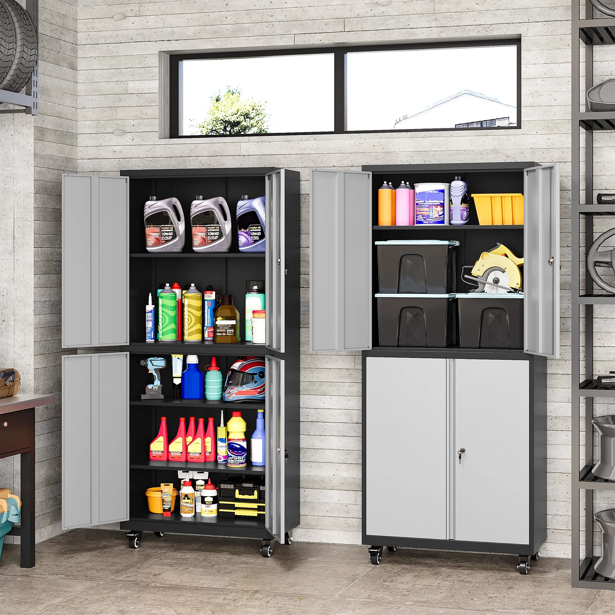 AUHUP 73" Rolling Garage Storage Cabinets with 3 Adjustable Shelves, Metal Storage Cabinet with Wheels, Black Gray Tool Cabinet for Garage,Home,Warehouse,Workshop - Image 2