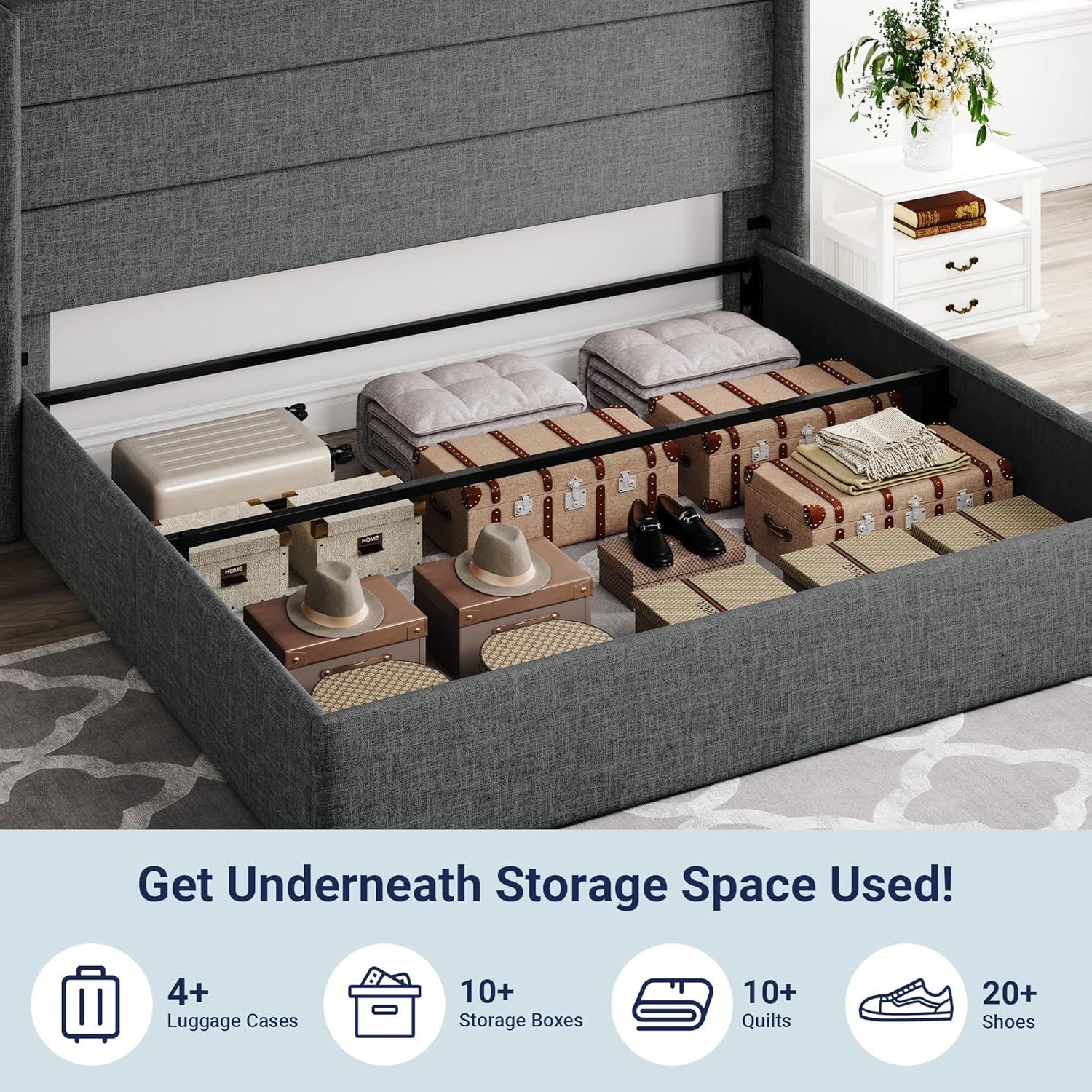 Queen Size Lift Up Storage Bed with Wingback Headboard, Upholstered Platform Bed Frame with Hidden Storage - Image 45