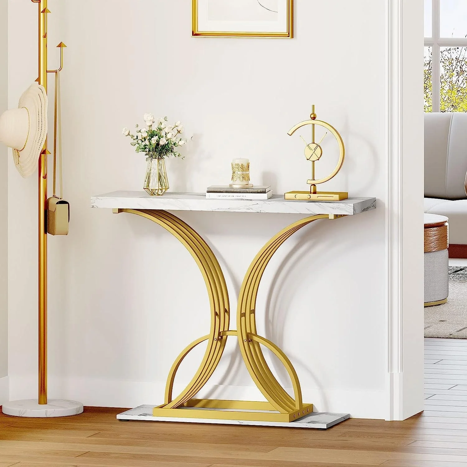 Modern Gold Console Table with Marbled Top, Sofa Table for Entryway and Hallway