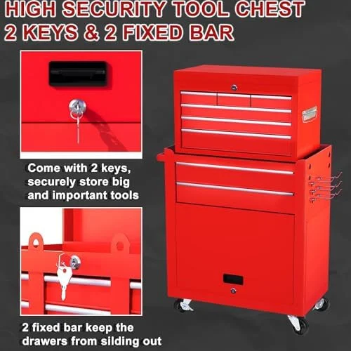 8-Drawer Rolling Tool Chest with Detachable Top Tool Box, Lockable Metal Tool Cabinet, and Liner, Heavy-Duty Storage Organizer with Wheels and 6 Hooks for Garage, Workshop, Green - Image 21