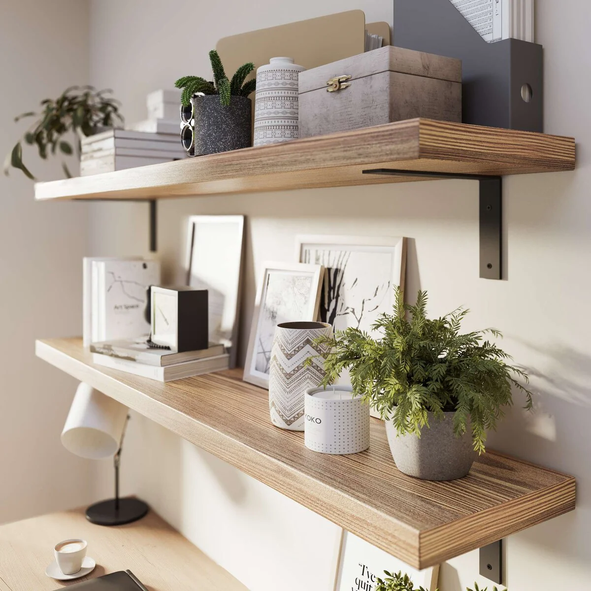 60 Inch Rustic Floating Wall Shelves, 2 Piece Burnt Wood Display and Storage Shelves - Image 2