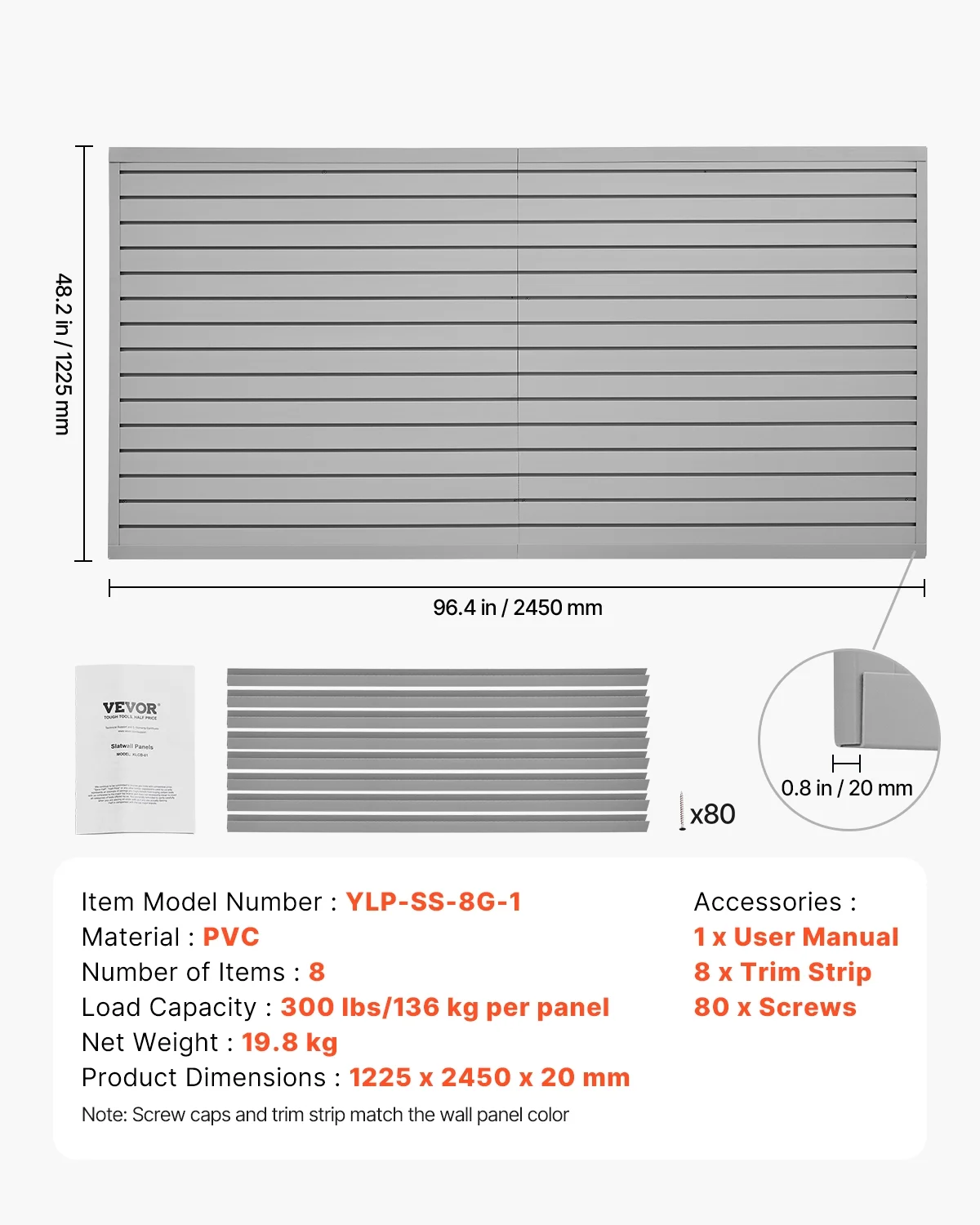 VEVOR Slat Wall Paneling,8 x 4 ft, PVC Garage Slatwall with Modular Design,Grey Slat Wall Easy-to-Install Adjustable Slatwall Panel with Coupling Structure & DIY Cutting,Fits for Storage & Display - Image 7