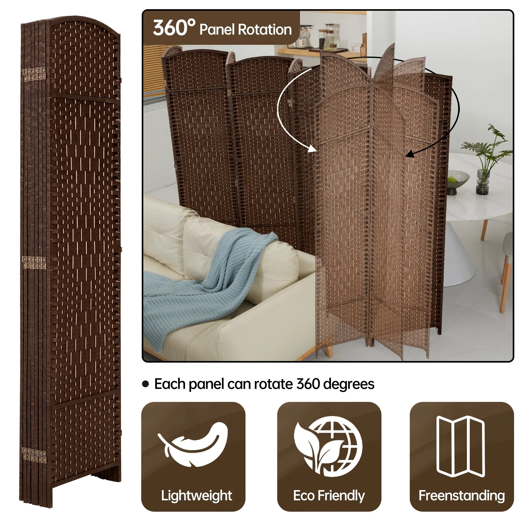 6 FT Tall Woven Fiber Room Divider, Freestanding Folding Privacy Screen - Image 16