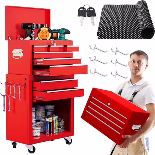 8-Drawer Rolling Tool Chest with Detachable Top Tool Box, Lockable Metal Tool Cabinet, and Liner, Heavy-Duty Storage Organizer with Wheels and 6 Hooks for Garage, Workshop, Green - Image 6