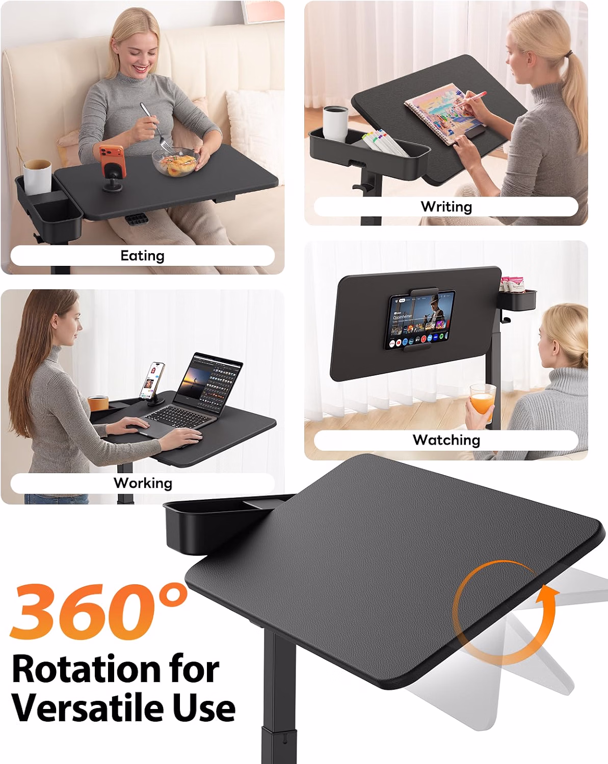 Magnetic Height and 360° Angle Adjustable Overbed Bedside Table Tray - Image 6
