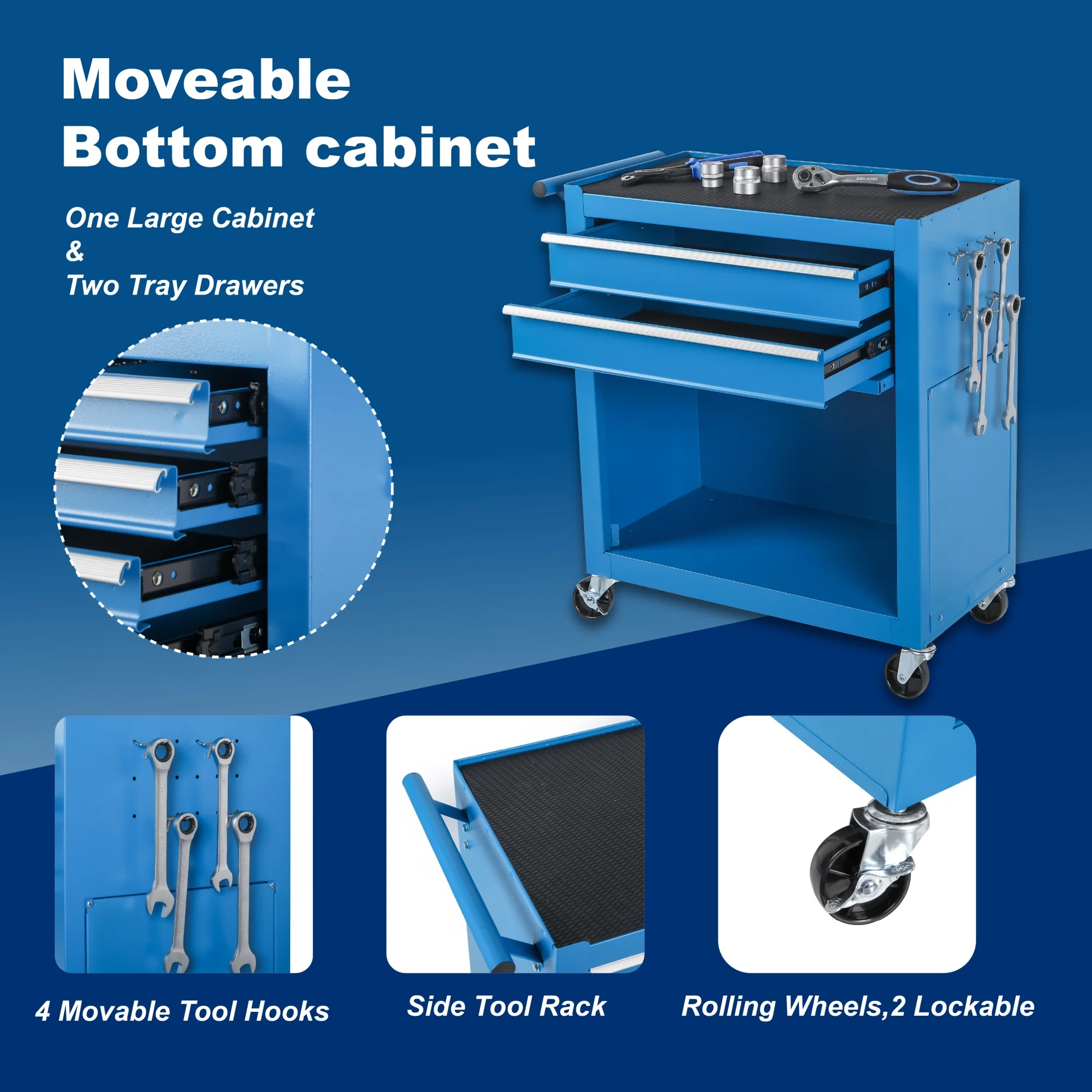 Tool Chest, 8-Drawer Rolling Tool Storage Cabinet with Lockable Wheels, Rolling Tool Chest with 2 in 1 Detachable Top Tool Box, and Locking Mechanism, Metal Tool Cart for Garage, Workshop, Blue - Image 4
