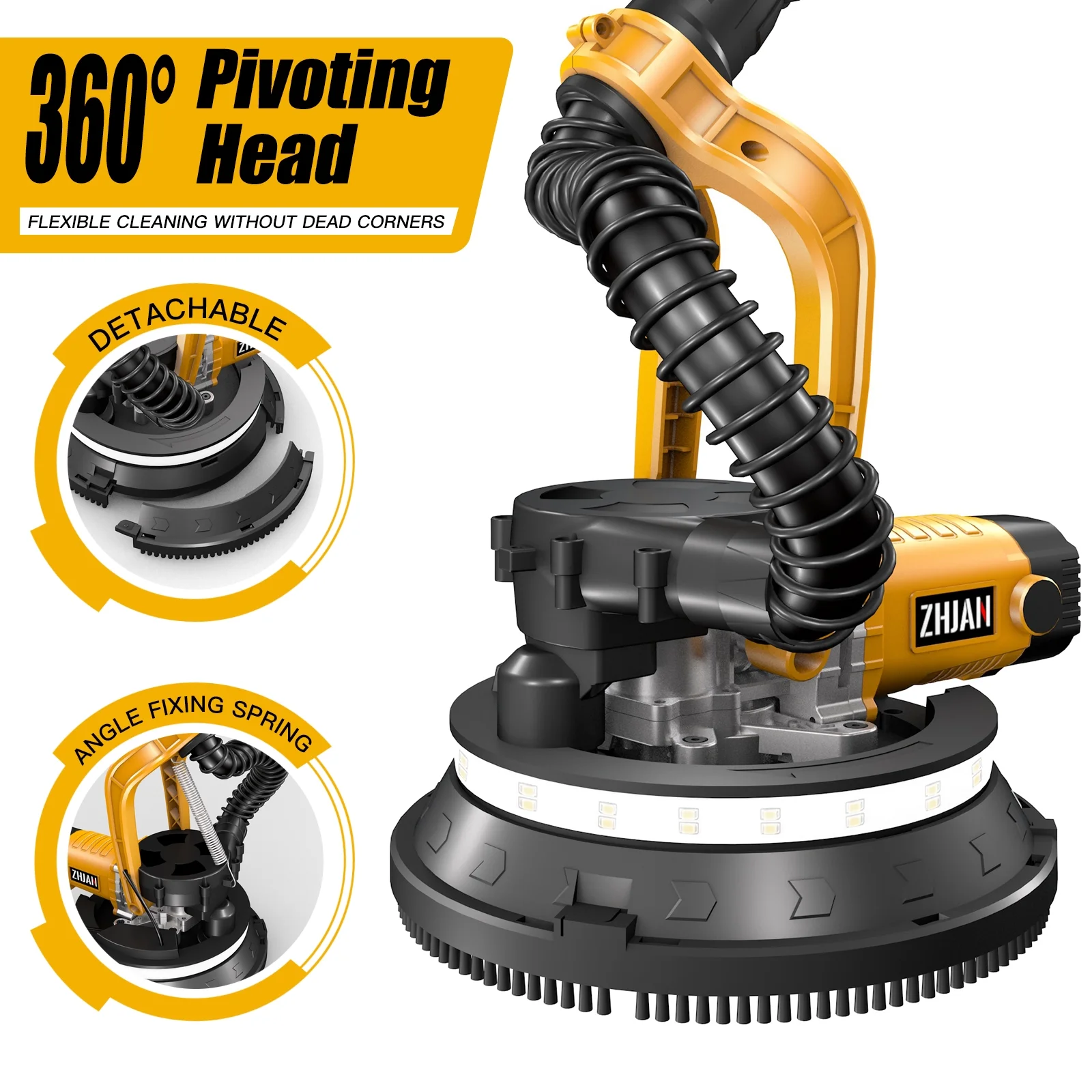 ZHJAN Electric Drywall Sander with Vacuum - Heavy Duty 880W, 5-Speed 1000-2100RPM, Extendable Handle, 12 Discs & Dust Bag, LED Light (59") - Image 5