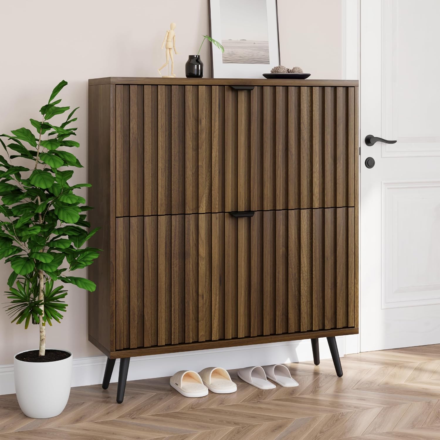 Shoe Cabinet with 2 Flip Drawers, 23.6" Natural Hidden Shoe Storage Cabinet with Fluted Design, Freestanding Shoe Organizer Cabinet for Entryway, Hallway, Closet, Living Room - Image 4