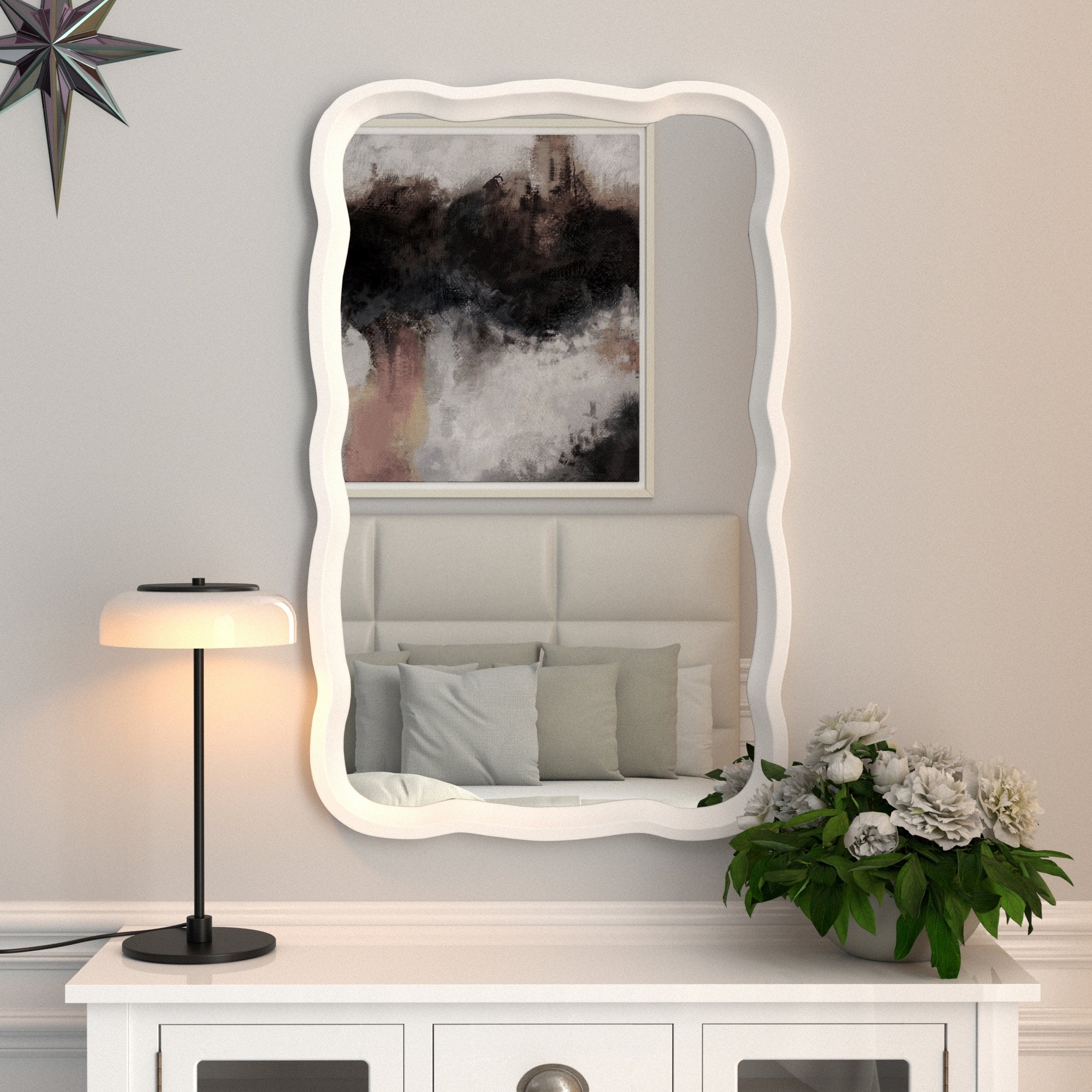 Curved Scallop Wood Frame Accent Mirror, Modern Decorative Wall Mirror for Living Room, Bedroom and Entryway - Image 3