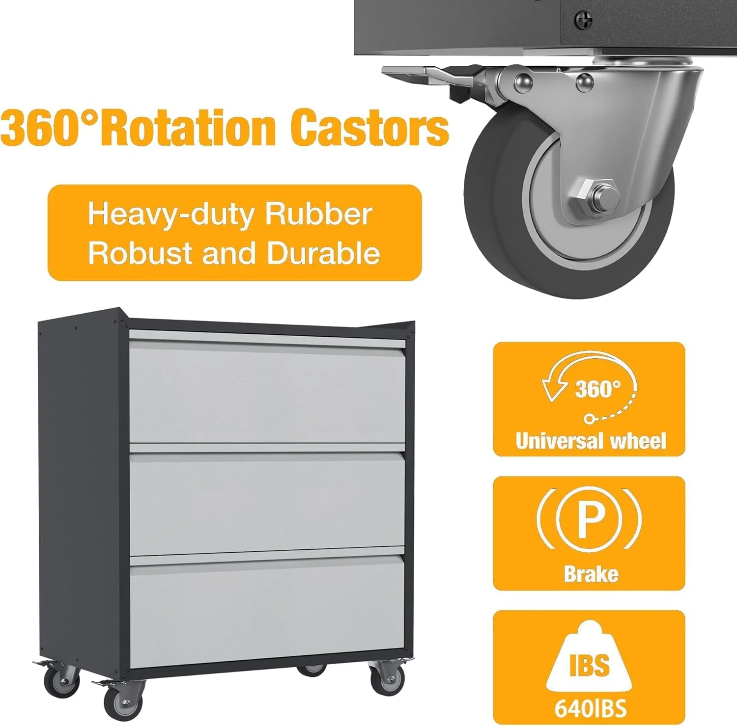 Metal Storage Cabinet with Wheels, Rolling Tool Cabinet, Garage Storage Cabinet with 3 Drawer for Tools - Image 4