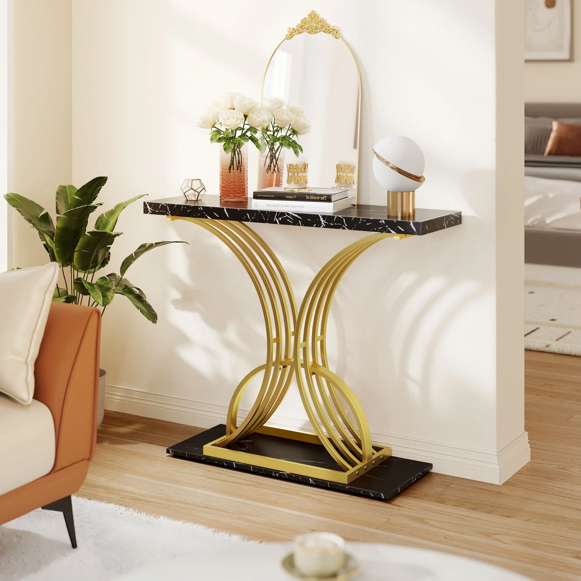Modern Gold Console Table with Marbled Top, Sofa Table for Entryway and Hallway - Image 27