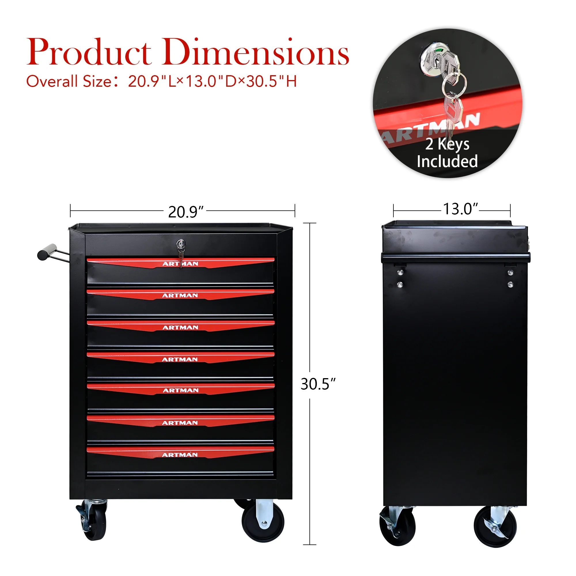 Tool Cabinets Rolling Metal Tool Chest with 7 Drawers, 20" 7-Drawer Tool Chest Cabinet with Ball Bearing Drawer Slides, Steel Tool Storage Box Organizer -BLACK&RED,Garage Tool Cabinets - Image 6