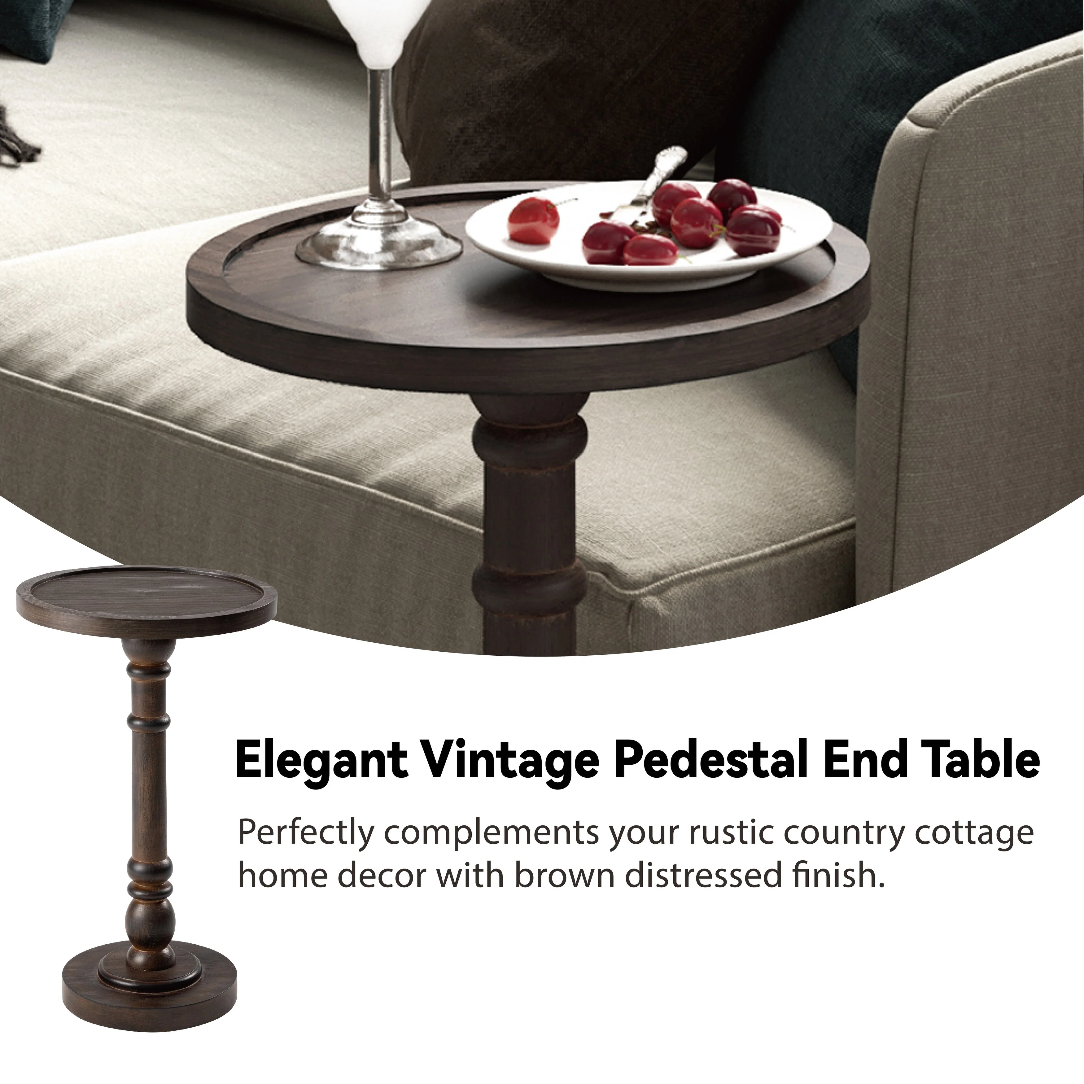 Small Pedestal End Table with Tray Top, Farmhouse Distressed Finish Accent Table - Image 7