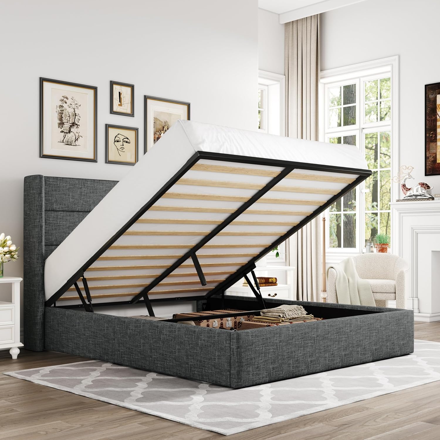 Queen Size Lift Up Storage Bed with Wingback Headboard, Upholstered Platform Bed Frame with Hidden Storage - Image 9