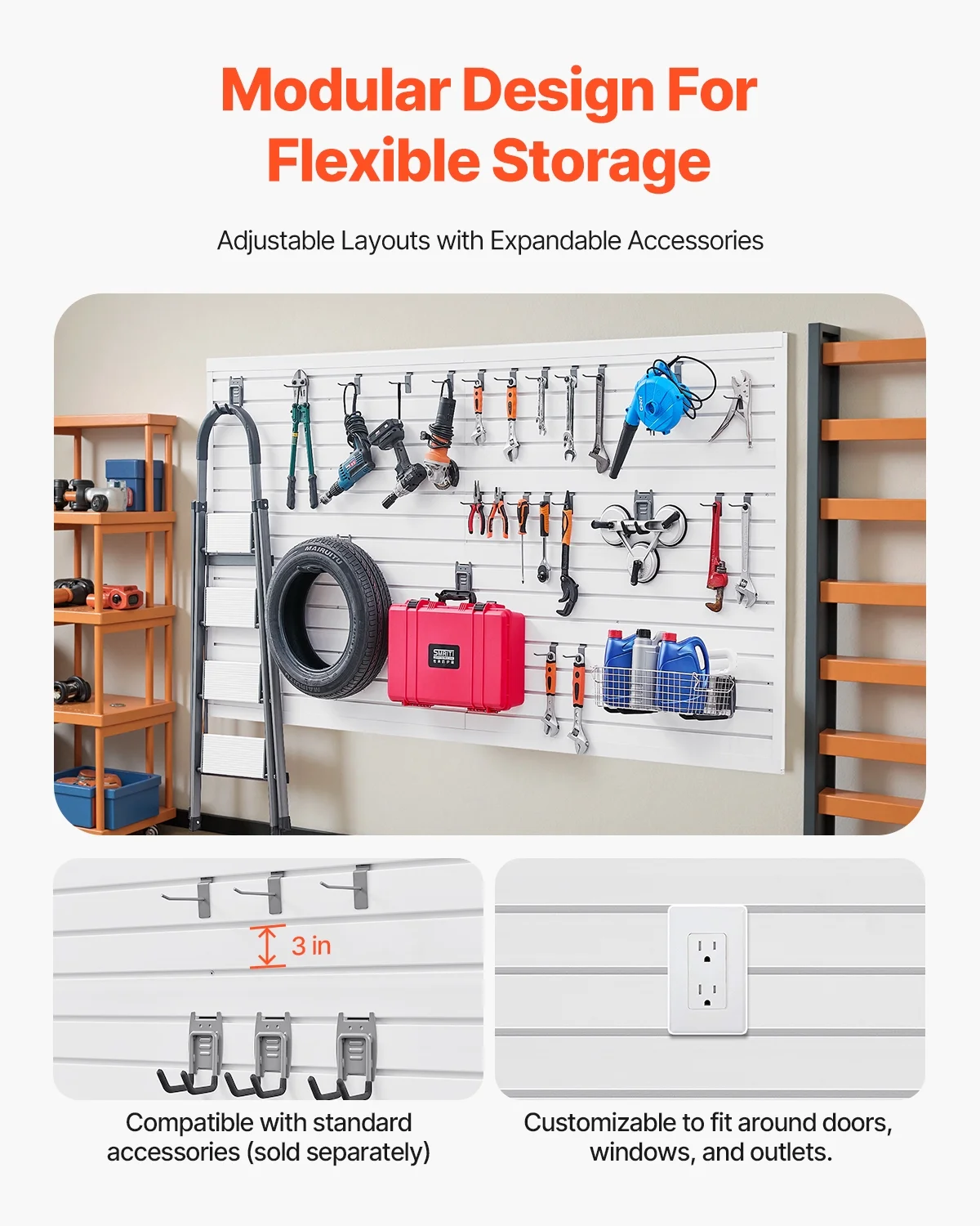 VEVOR Slat Wall Paneling, 8 x 4 ft, PVC Garage Slatwall with Accessories, White Slat Wall Easy-to-Install Adjustable Slatwall Panel with Coupling Structure & DIY Cutting, Fits for Storage & Display - Image 4