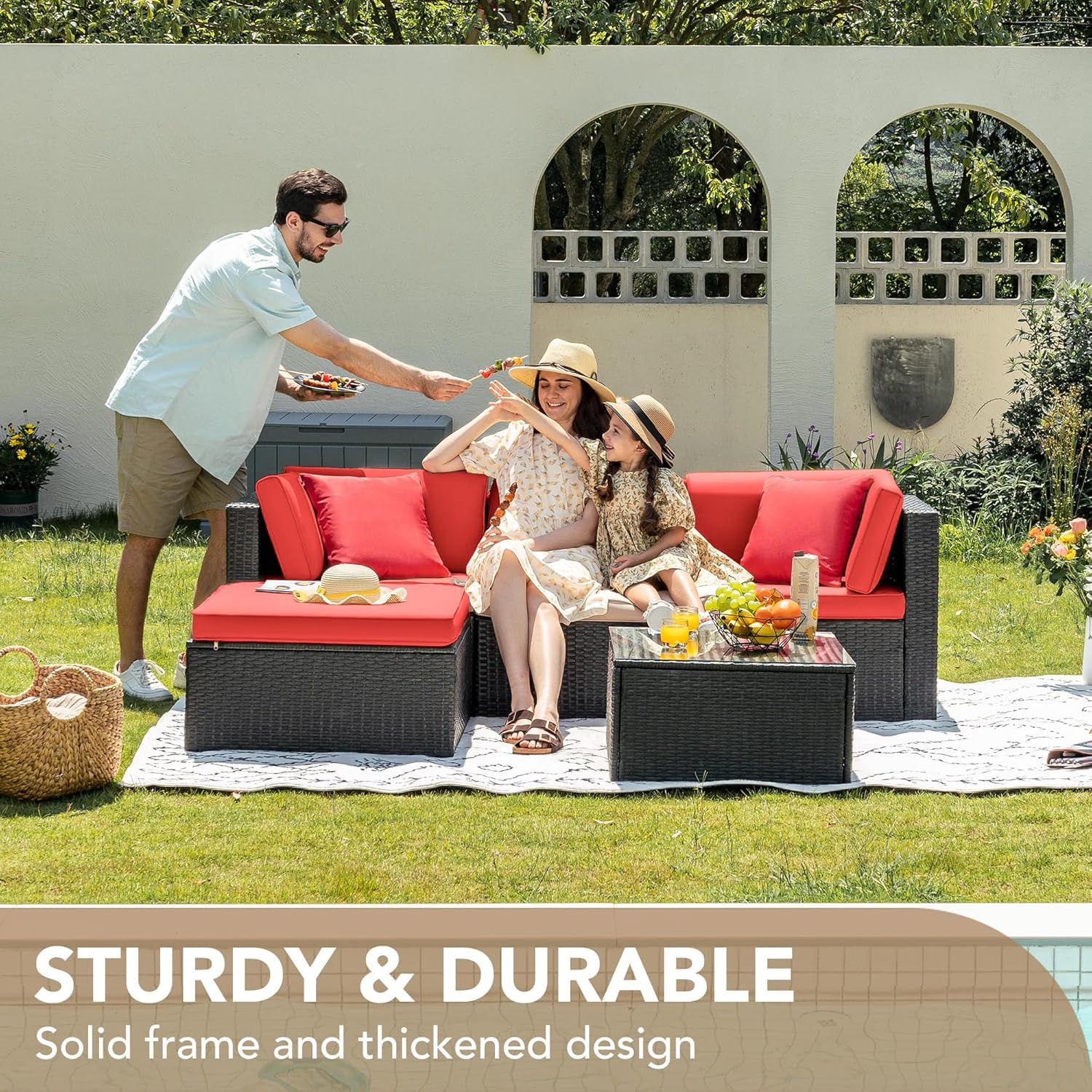 5-Piece All-Weather Patio Furniture Set with Cushions, Outdoor Wicker Conversation Sofa Set for Garden, Deck & Backyard - Image 39