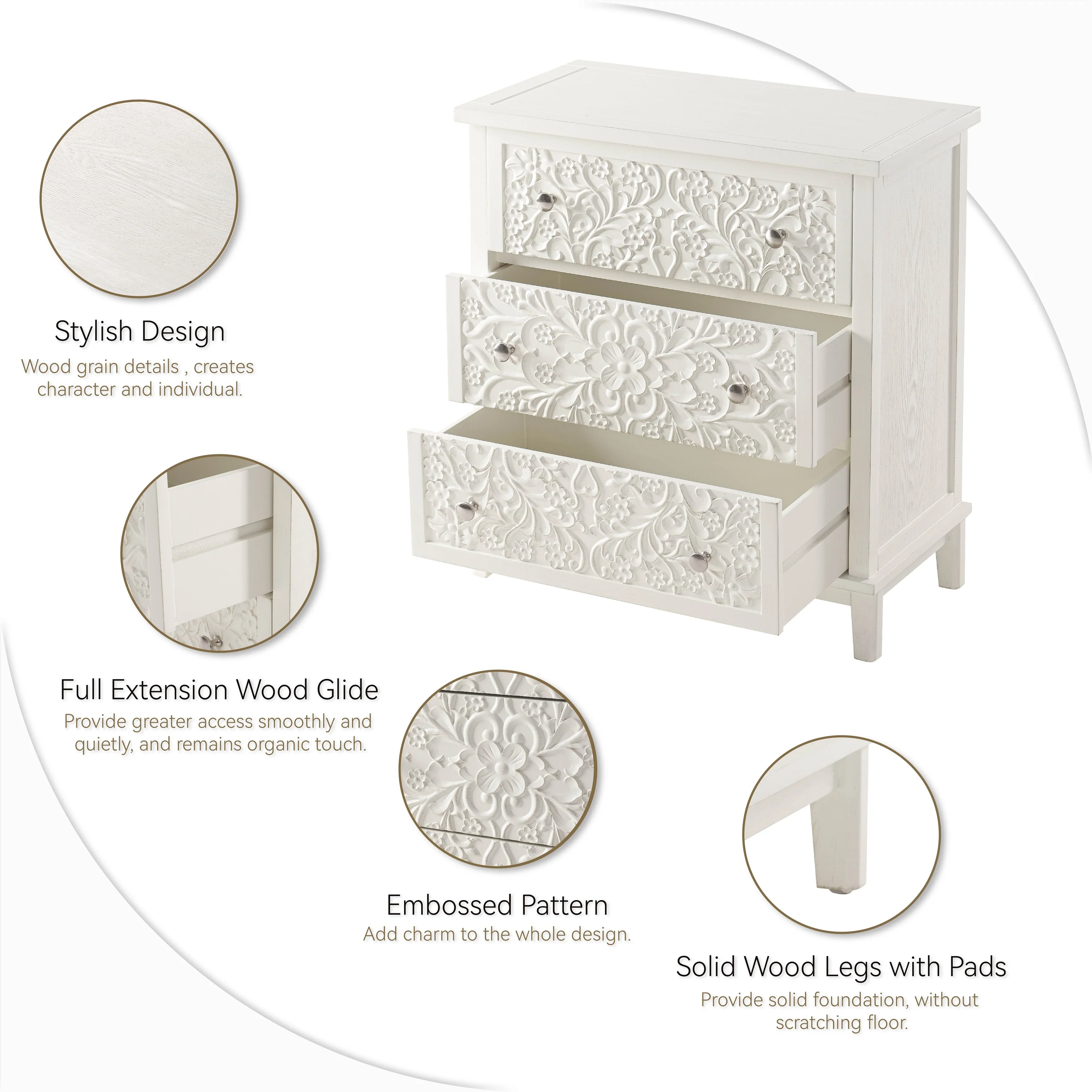Farmhouse Fully Assembled Nightstand with 2 Drawers, Flower Motif End Table for Small Spaces - Image 24