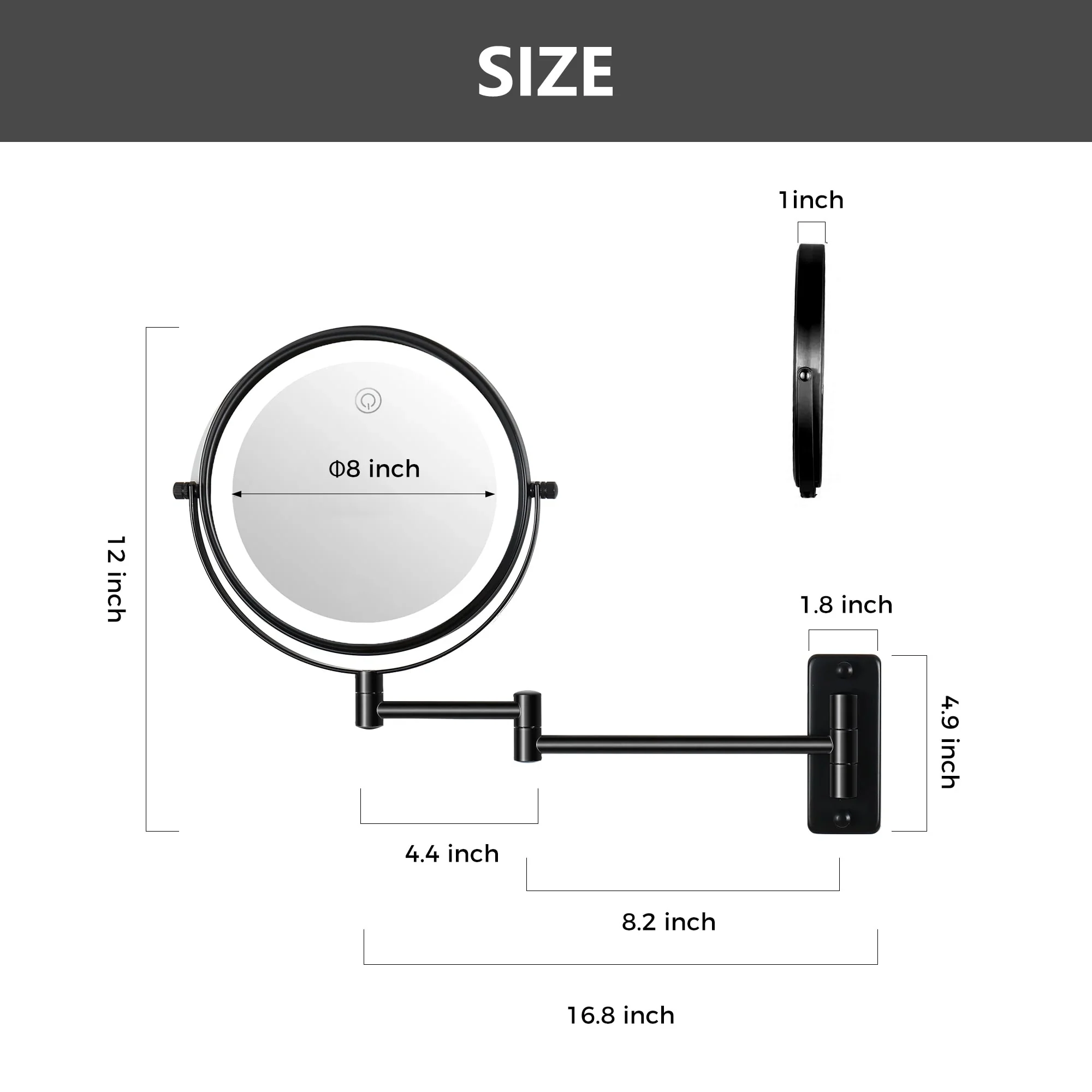 8 Inch Round Wall Mounted Makeup Mirror, Rechargeable, 1X/10X Magnification, 3-Color LED Lights - Image 21
