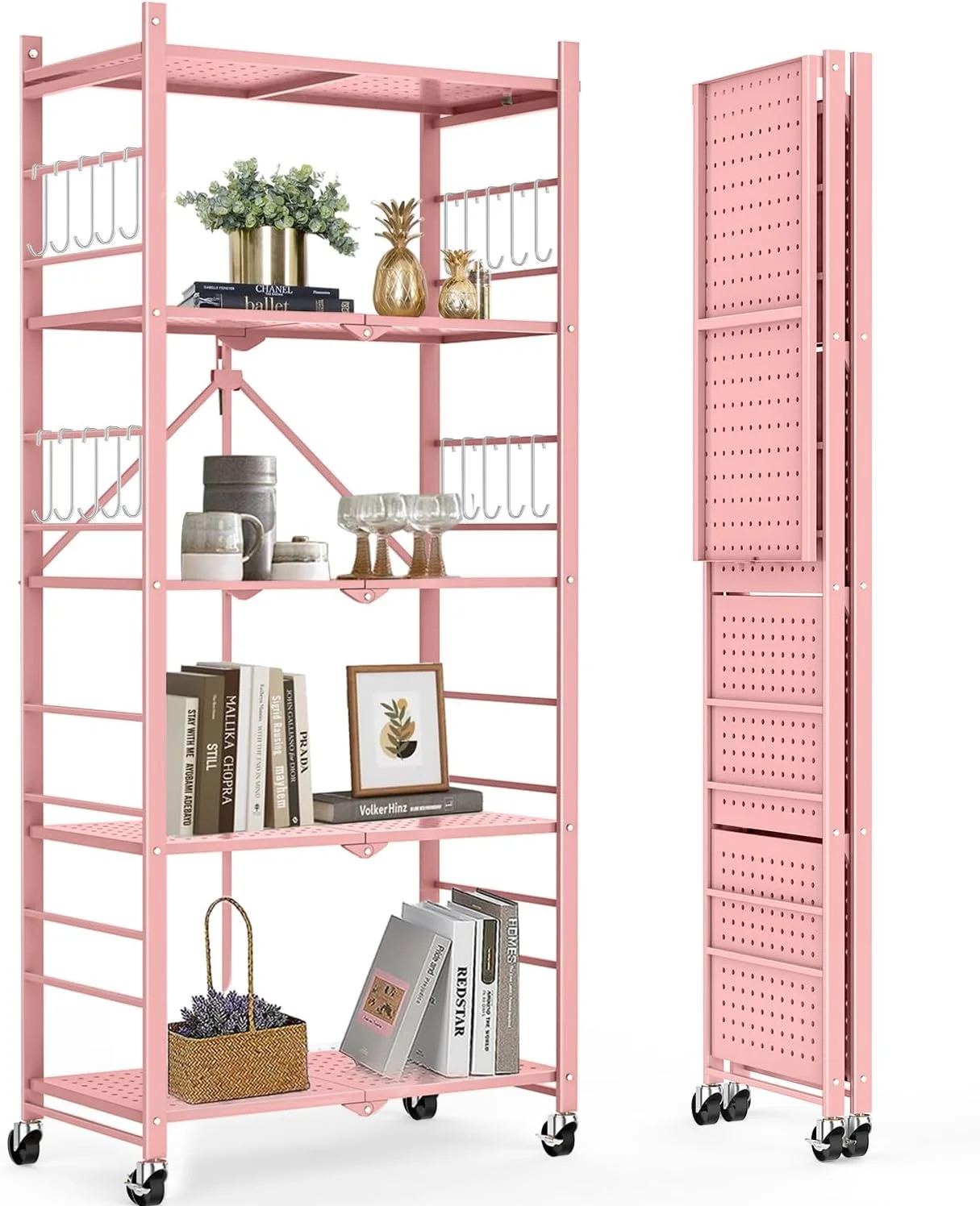 Storage Shelves with 20 Hooks, 4-Tier Foldable Shelves for Storage, Folding Shelf Unit Pantry Shelves with Wheels, Metal Shelving Storage Rack Shelf for Kitchen Garage Home, Black - No Assembly - Image 39