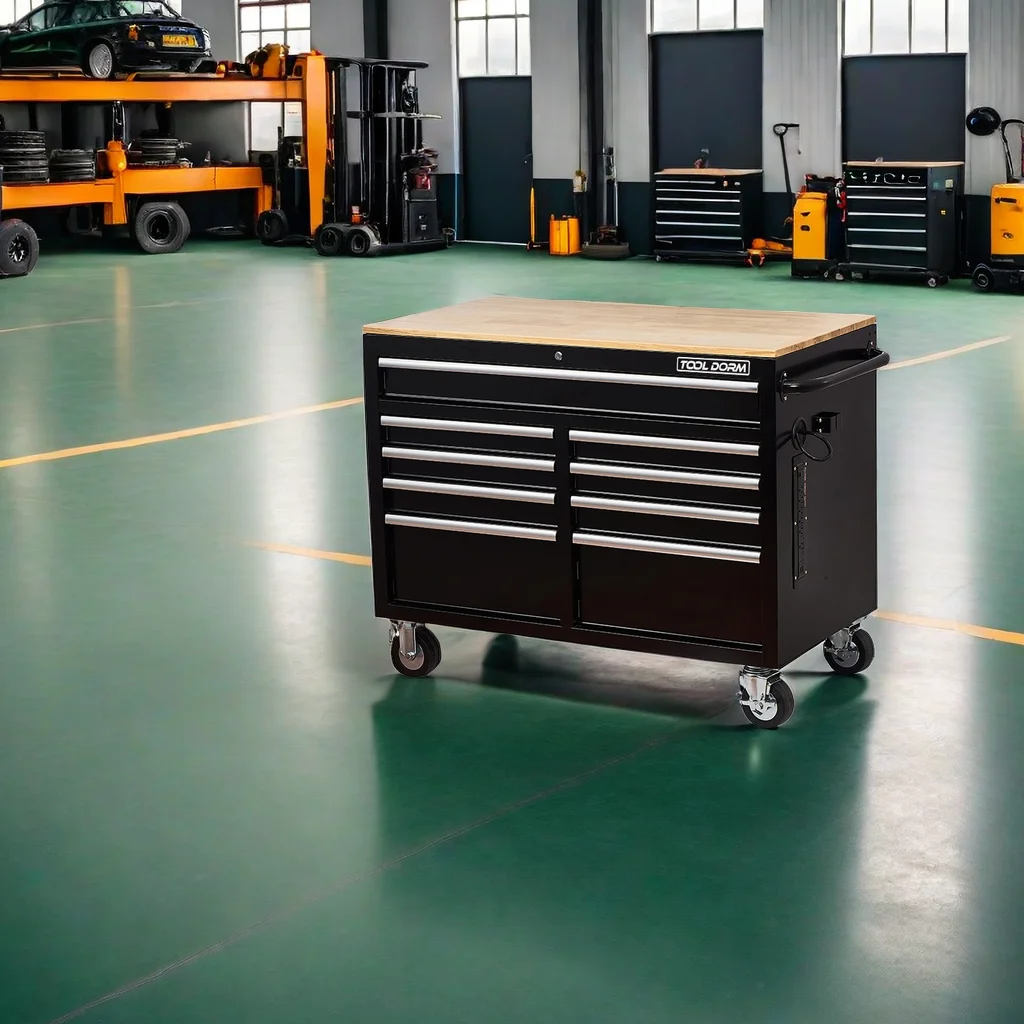 Rolling Tool Chest Extra-Deep 46In 9-Drawers, Mobile Tool Storage Cabinet/Work Bench with Wooden Top/Power Strip, Equipped with Casters, Handle, Liner, and Locking System, 1200 lbs Capacity - Image 5