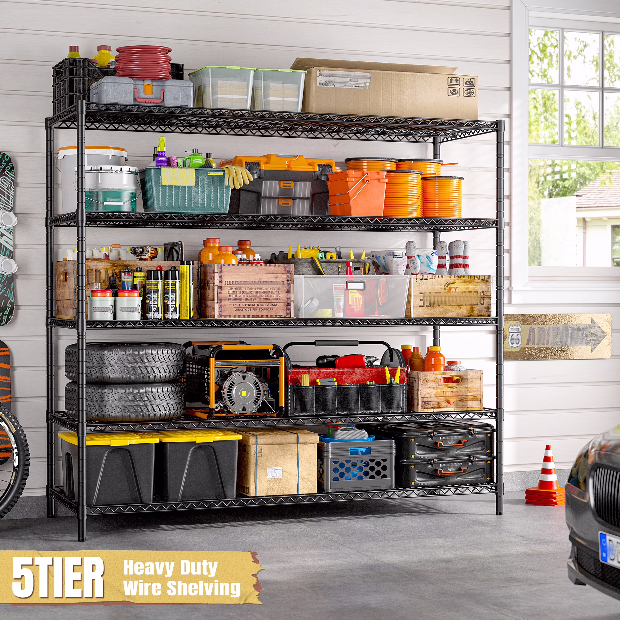 REIBII 85.7"H Storage Shelving Rack 5 Tier Wire Shelves with Wheels 3000Lbs Adjustable Garage Shelving Unit for Kitchen Pantry,55.2"W x 24.2"D