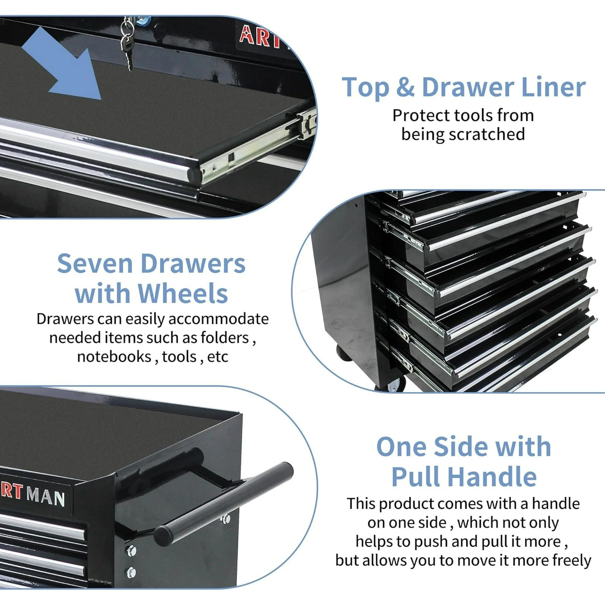 POVANLI 7-Drawer Rolling Tool Chest with Wheels Multifunctional Tool Chest Portable Tool Storage Cabinet with Locking System for Garage Workshop Warehouse Repair Shop - Image 15