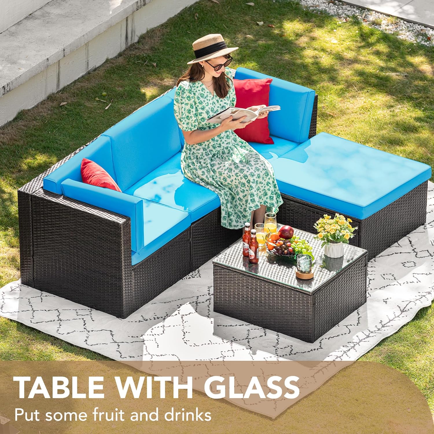 5-Piece All-Weather Patio Furniture Set with Cushions, Outdoor Wicker Conversation Sofa Set for Garden, Deck & Backyard - Image 22