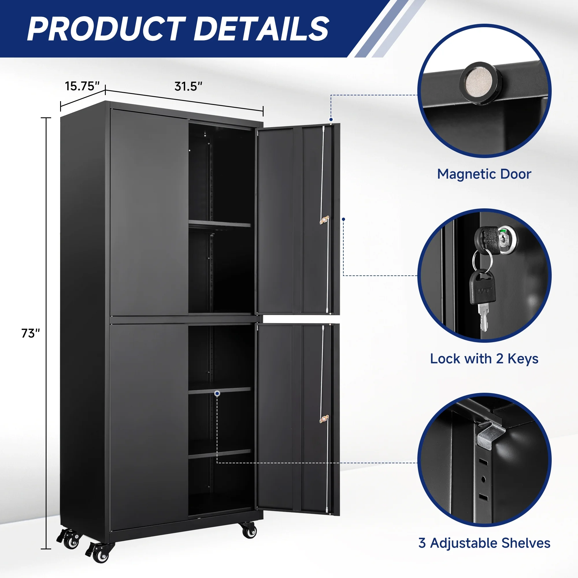 AUHUP 73" Rolling Garage Storage Cabinets with 3 Adjustable Shelves, Metal Storage Cabinet with Wheels, Black Gray Tool Cabinet for Garage,Home,Warehouse,Workshop - Image 21