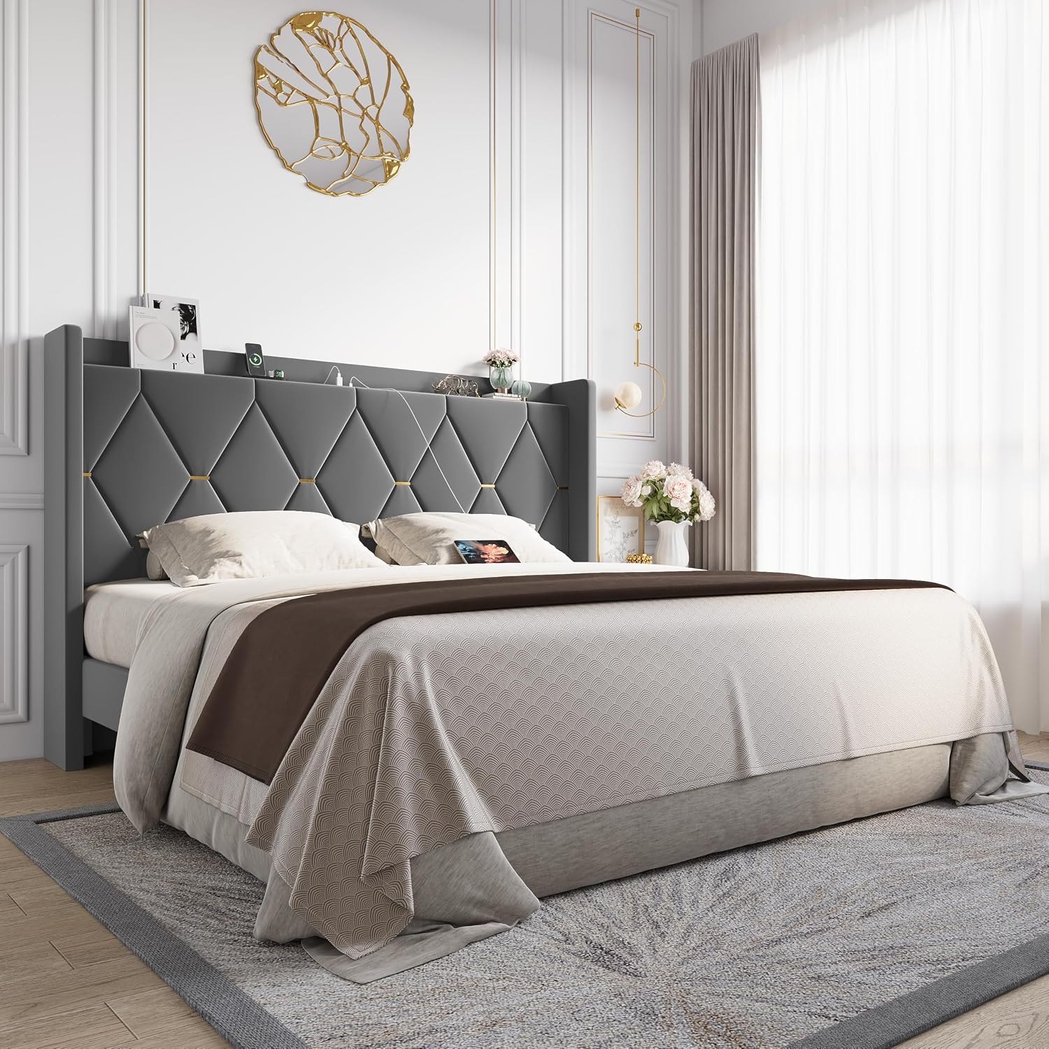 Queen Bed Frame with Storage Headboard & Smart Charging Station - Image 2