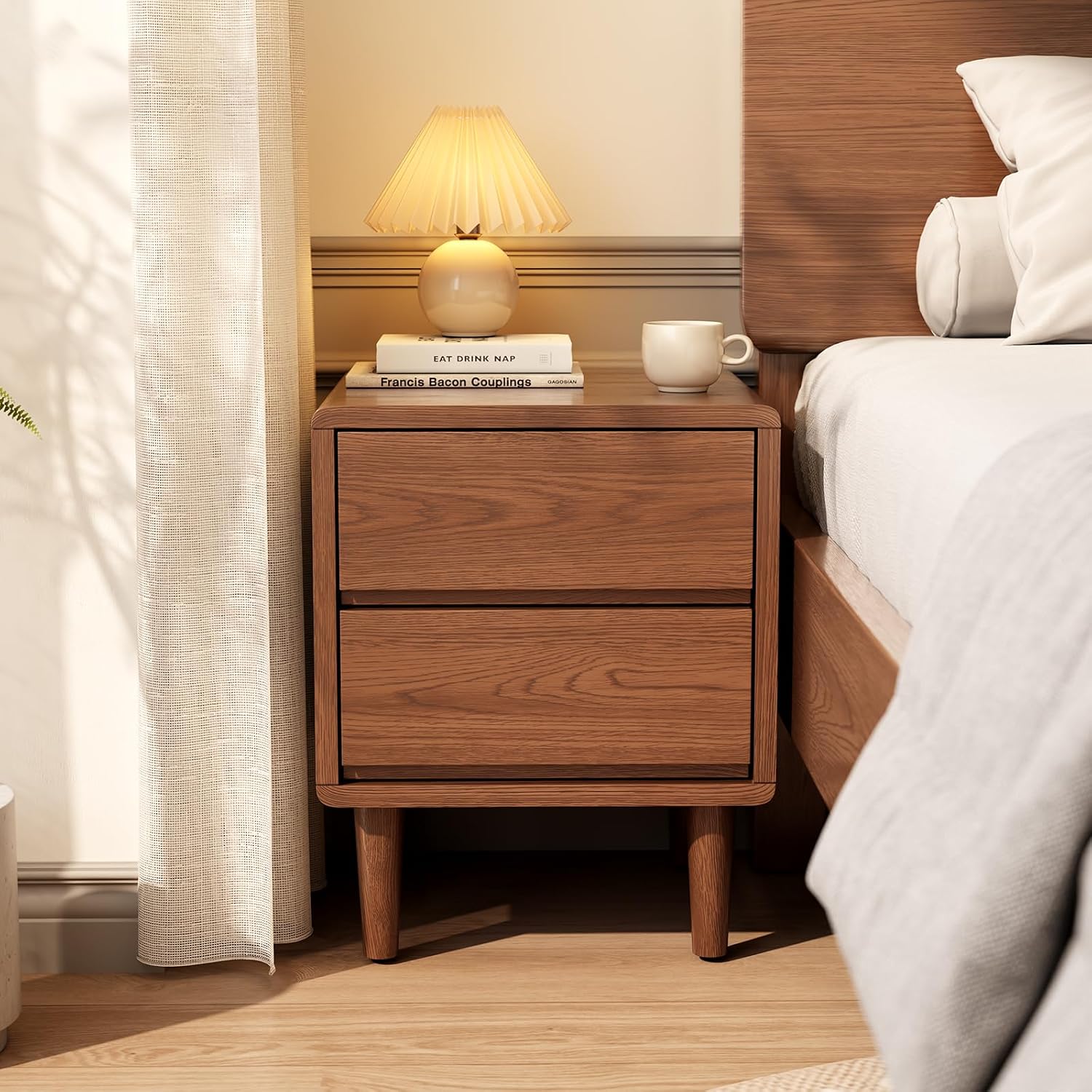 Walnut Solid Wood Nightstand with Drawers, Mid Century Modern Nightstand with Storage, Small Bedside Table for Bedroom, Living Room & Office - Image 6