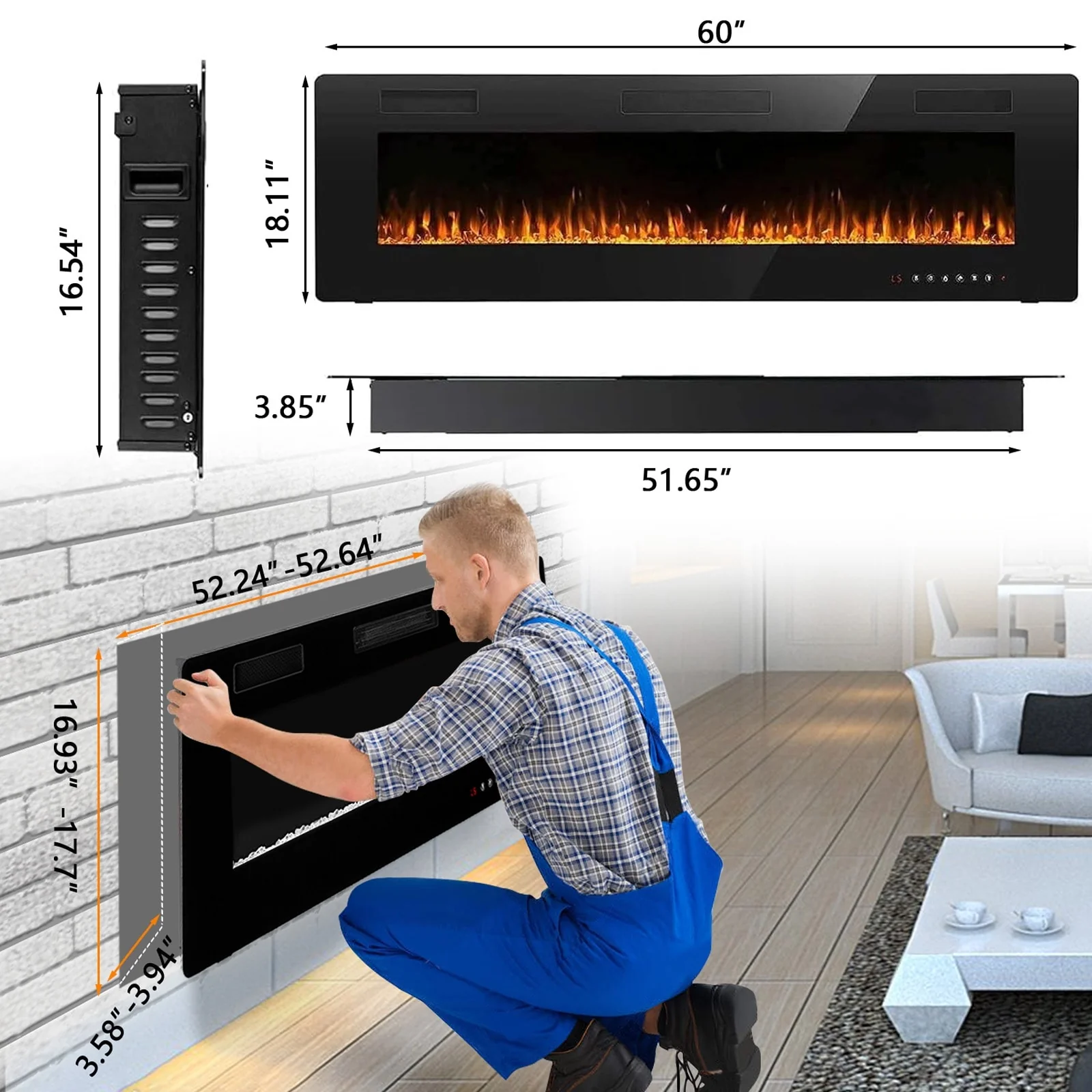 30-72 Inch Ultra-Thin Electric Fireplace, Linear Recessed Wall Mounted Fireplace with Remote Control - Image 3