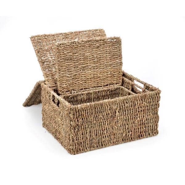 Set of 3 Small Rectangular Seagrass Baskets with Lids, Woven Storage Baskets - Image 9