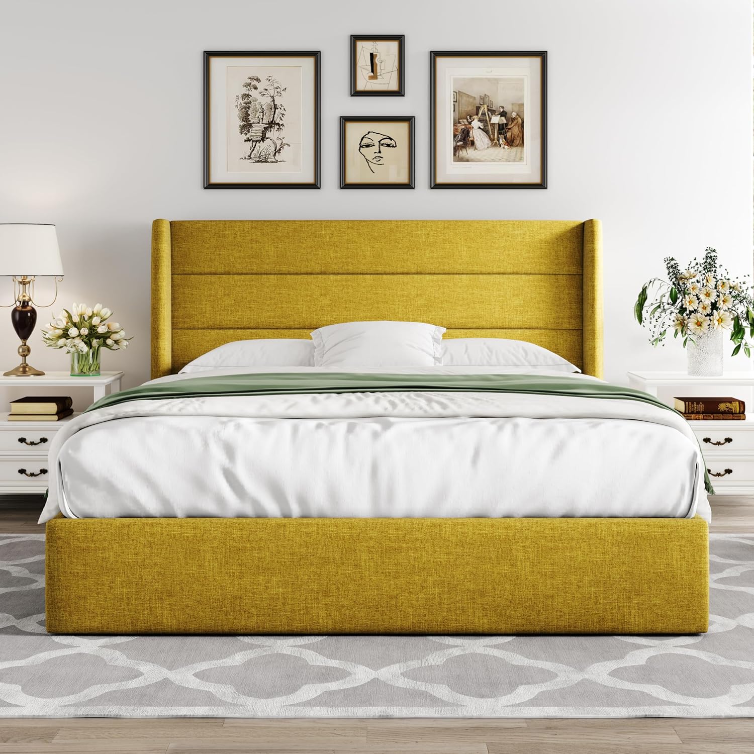 Queen Size Lift Up Storage Bed with Wingback Headboard, Upholstered Platform Bed Frame with Hidden Storage - Image 112