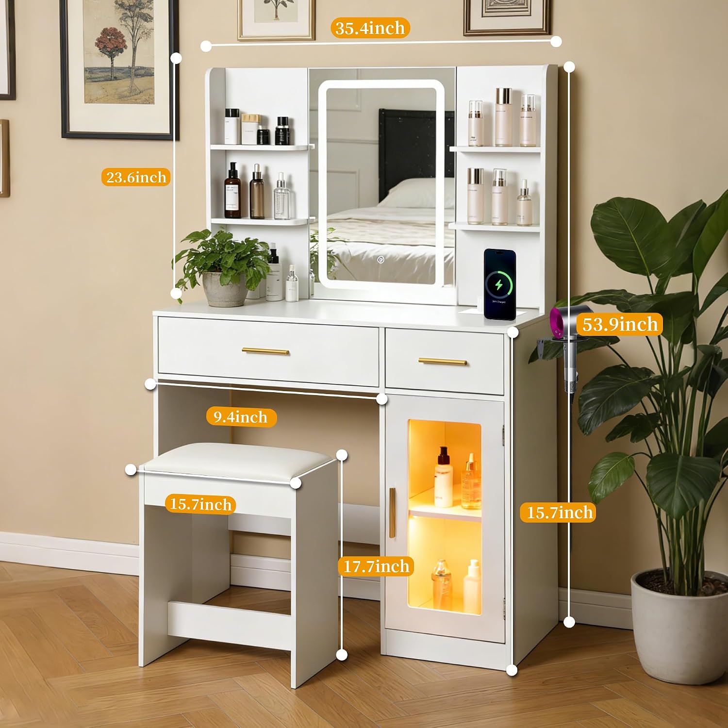 White LED Vanity Table with Three-Color Adjustable Light HD Mirror, USB Charging Port,Leather Stool, Double-Layer Acrylic Cabinet with Ambient Lighting,and Makeup Table with Drawer Storage - Image 5