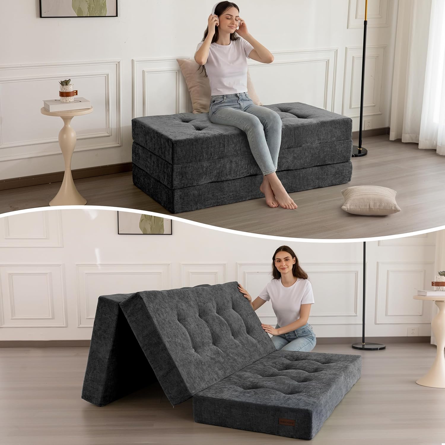 6" Folding Sofa Bed for Floor, Tufted Tri-Fold Floor Mattress - Image 3