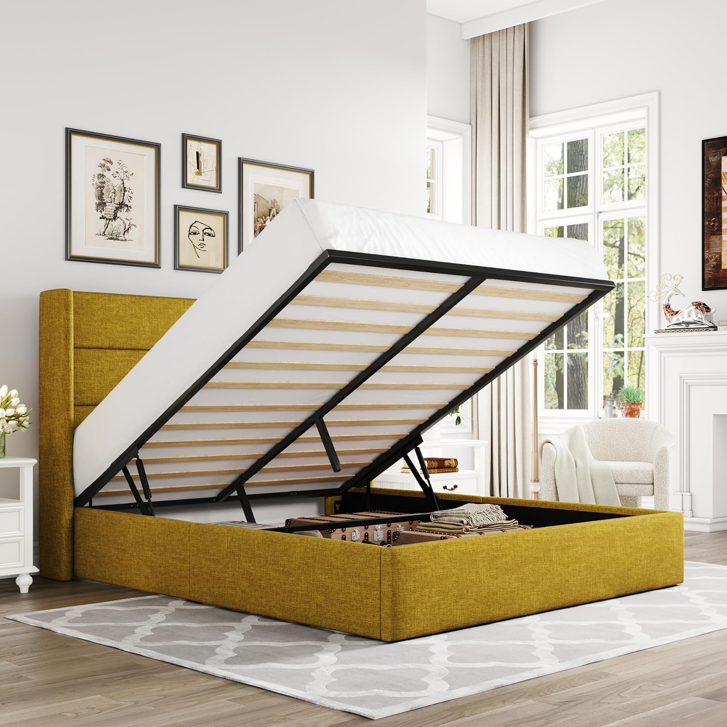 Queen Size Lift Up Storage Bed with Wingback Headboard, Upholstered Platform Bed Frame with Hidden Storage - Image 11