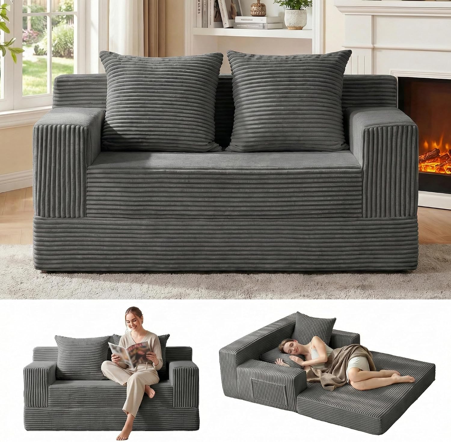 Convertible Sofa Bed, Loveseat Folding Floor Futon Sleeper Sofa Couch Bed- Boneless Foldable Couch, Corduroy Pull Out Sofa Bed with 2 Pillows for Living Room & Bedroom - Image 15