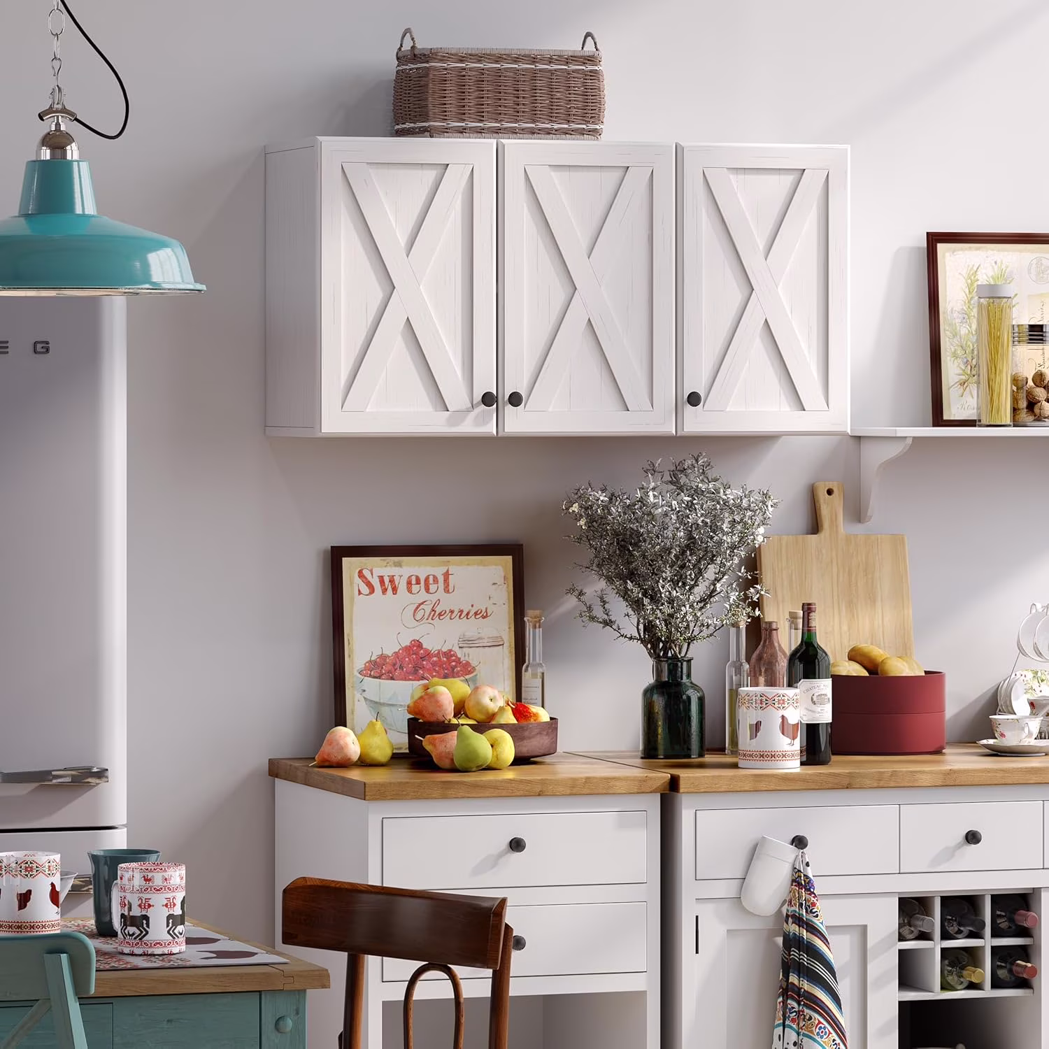 Wall Storage Cabinets - Farmhouse Kitchen Laundry White Wall Mounted Cabinets with 3 Doors and Shelves, 35inch Wide